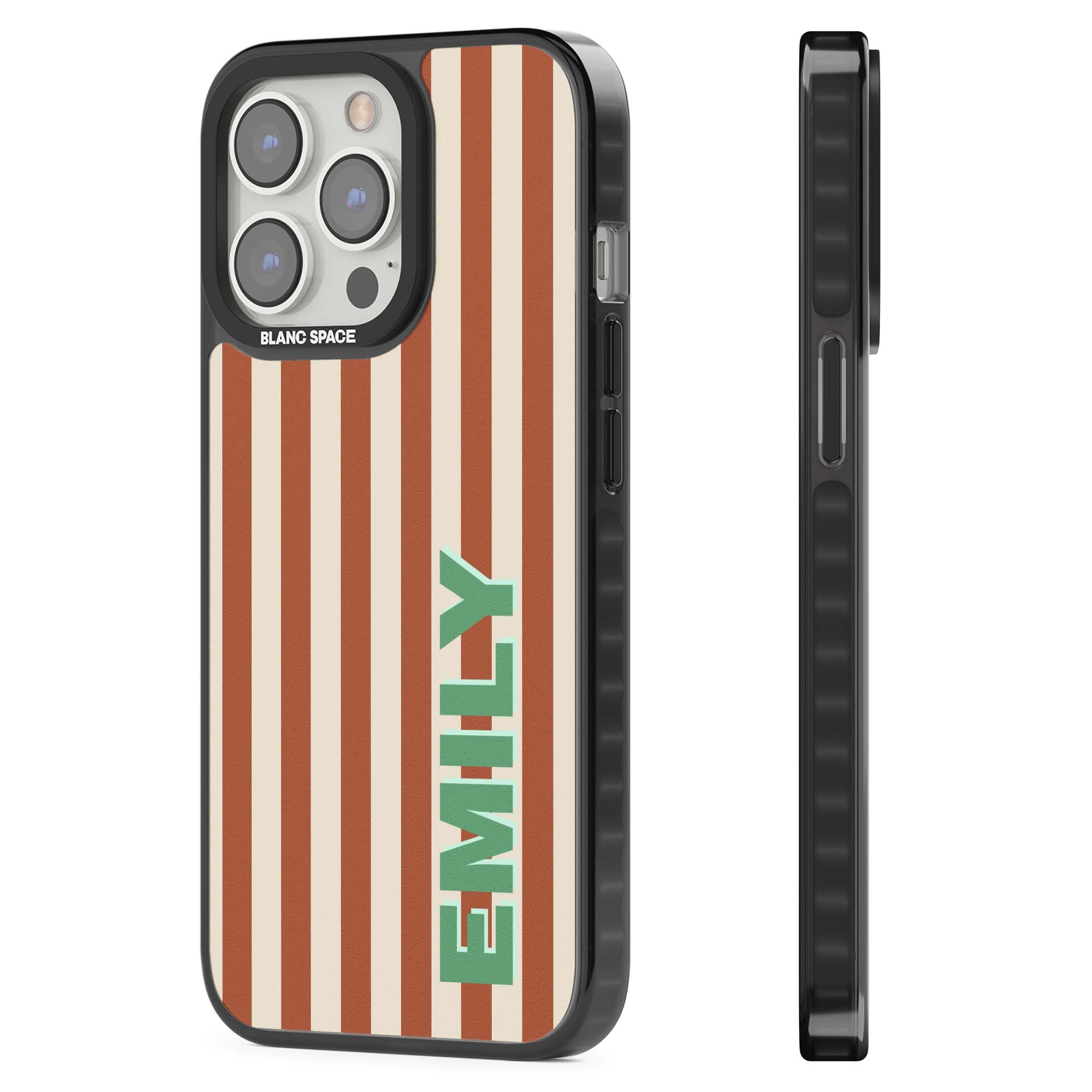 Dune Stripe personalised iPhone case with rust and cream vertical stripes and custom name in mint green | Black Impact Magsafe case for iPhone 13 Pro, iPhone 14 Pro, iPhone 15 Pro