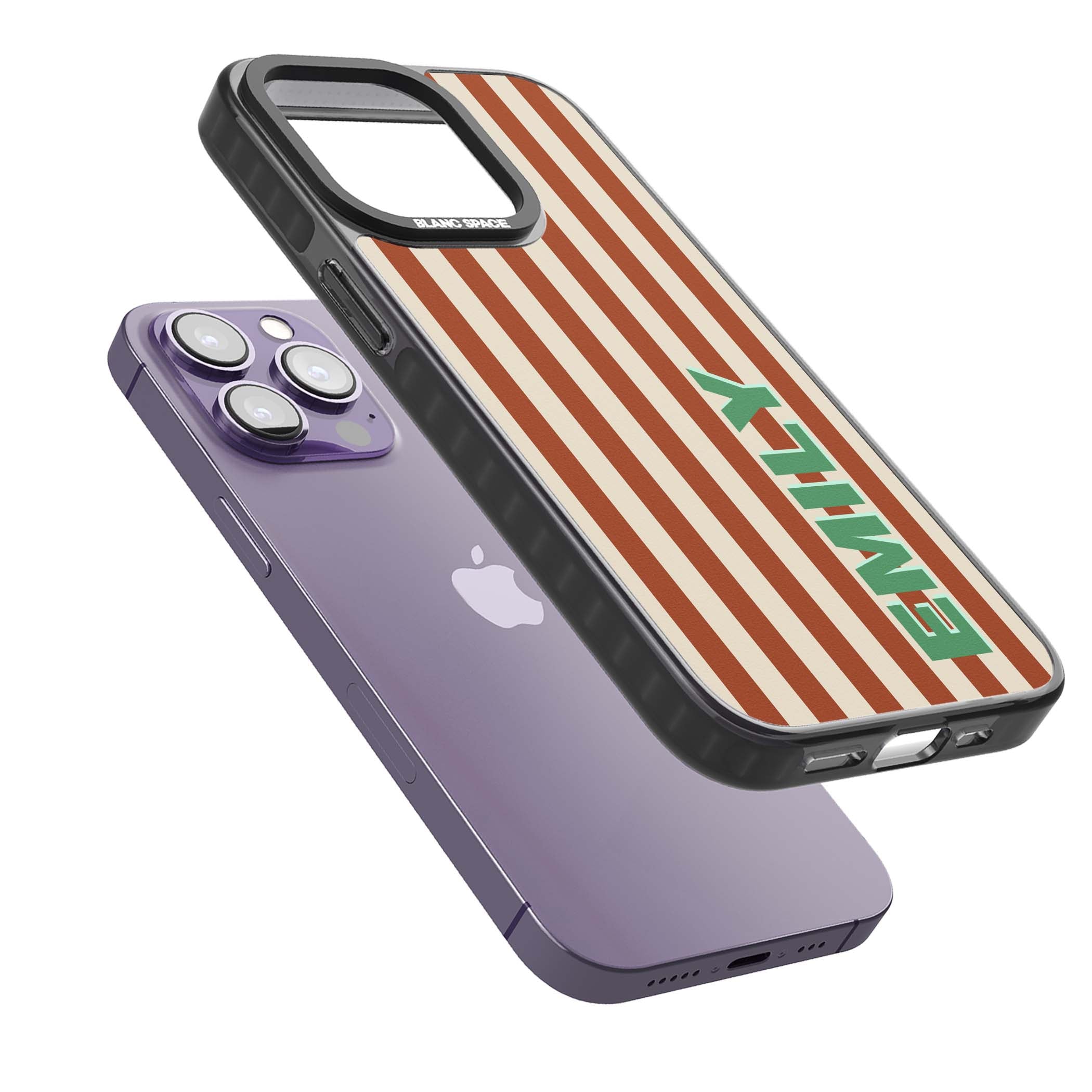 Dune Stripe personalised iPhone case with rust and cream vertical stripes and custom name in mint green | Black Impact Magsafe case for iPhone 13 Pro, iPhone 14 Pro, iPhone 15 Pro