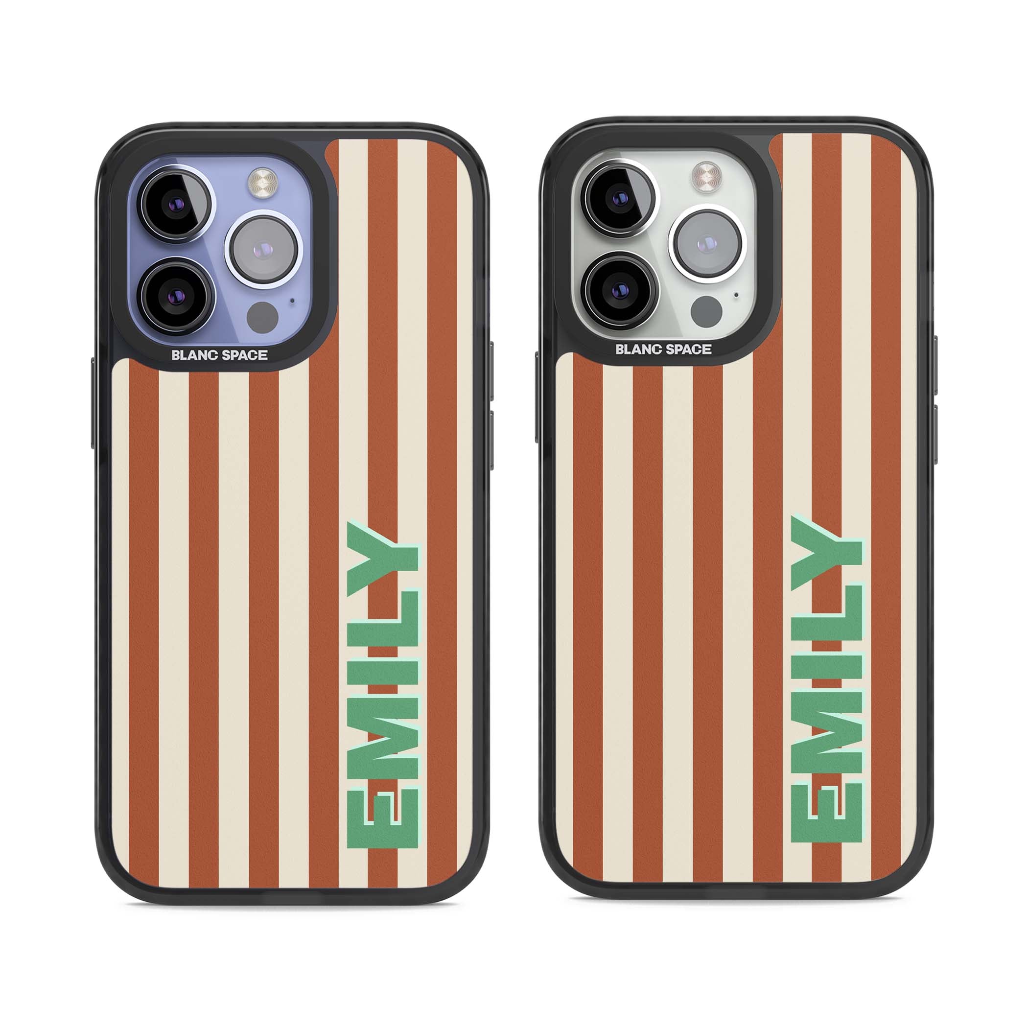 Dune Stripe personalised iPhone case with rust and cream vertical stripes and custom name in mint green | Black Impact Magsafe case for iPhone 13 Pro, iPhone 14 Pro, iPhone 15 Pro