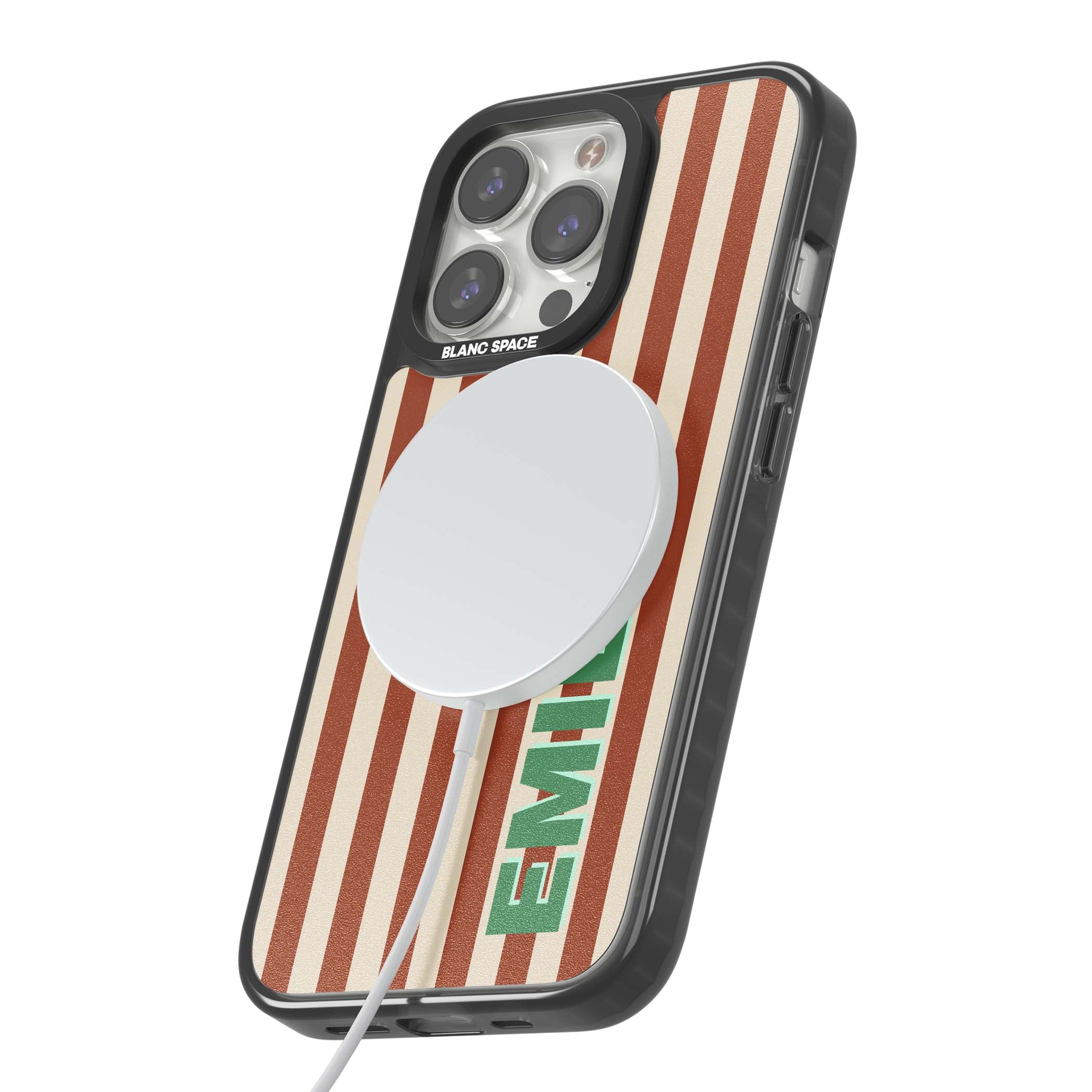 Dune Stripe personalised iPhone case with rust and cream vertical stripes and custom name in mint green | Black Impact Magsafe case for iPhone 13 Pro, iPhone 14 Pro, iPhone 15 Pro