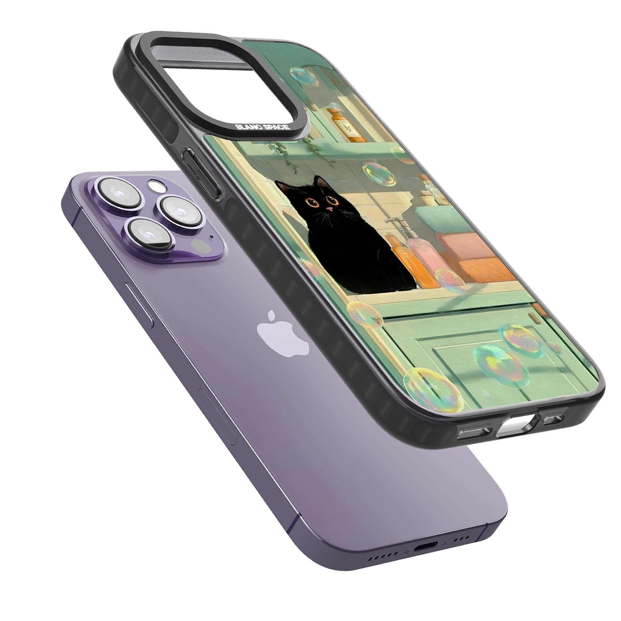 Bathroom Bubble Kitty cottagecore iPhone case featuring a black cat, mint bathroom scene and floating soap bubbles | Black Impact Magsafe case for iPhone 13 Pro, iPhone 14 Pro, iPhone 15 Pro