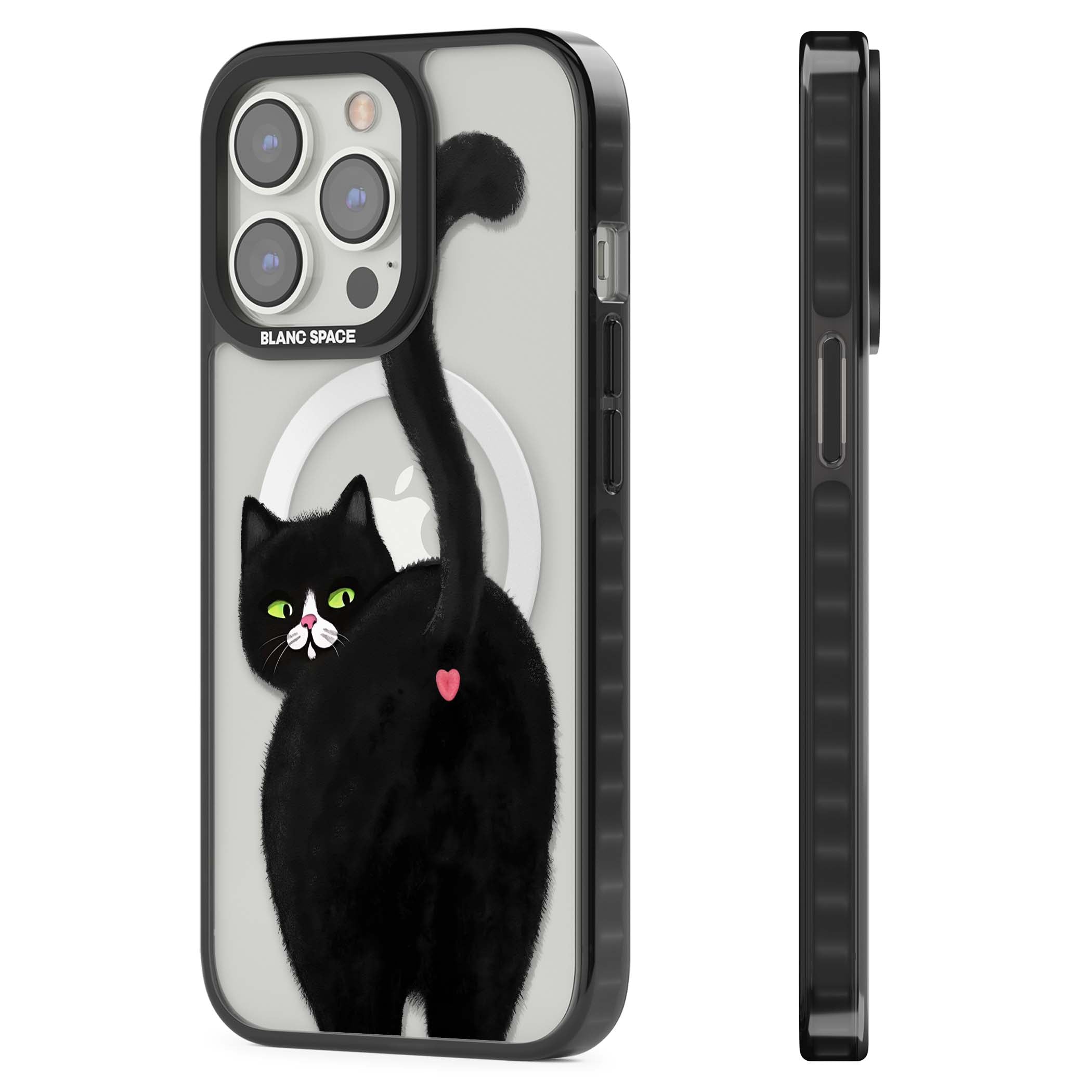 The Cat's Kiss cute cat iPhone case featuring a hand-painted tuxedo kitty with green eyes and a pink heart on a clear | Black Impact Magsafe case for iPhone 13 Pro, iPhone 14 Pro, iPhone 15 Pro
