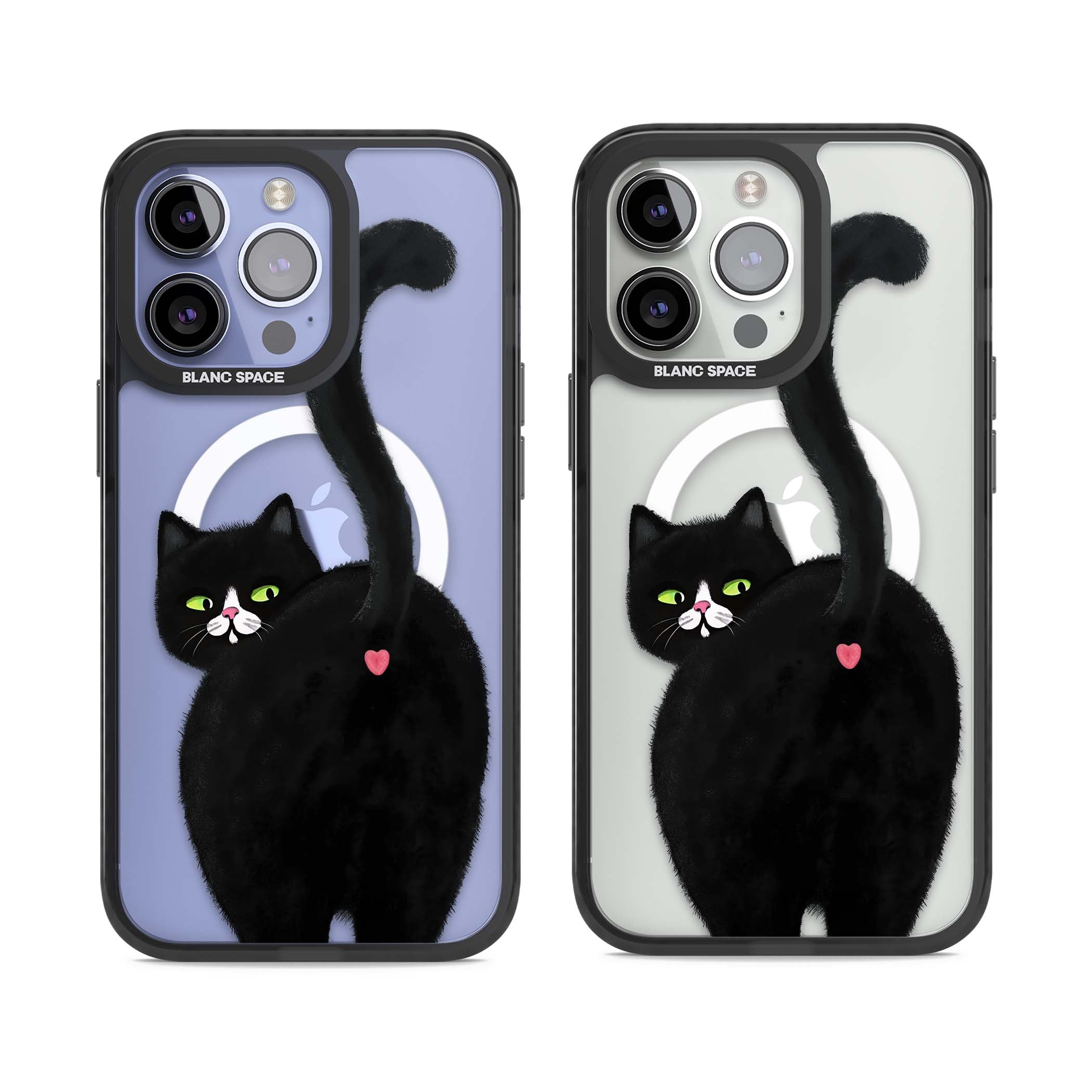 The Cat's Kiss cute cat iPhone case featuring a hand-painted tuxedo kitty with green eyes and a pink heart on a clear | Black Impact Magsafe case for iPhone 13 Pro, iPhone 14 Pro, iPhone 15 Pro