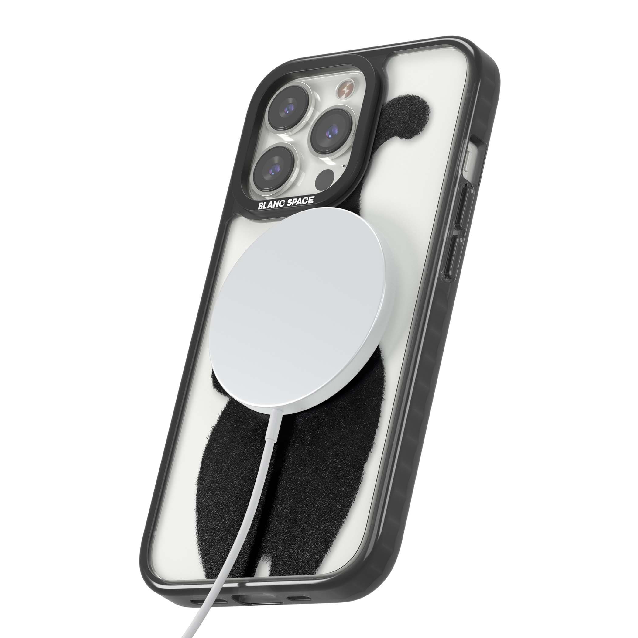 The Cat's Kiss cute cat iPhone case featuring a hand-painted tuxedo kitty with green eyes and a pink heart on a clear | Black Impact Magsafe case for iPhone 13 Pro, iPhone 14 Pro, iPhone 15 Pro