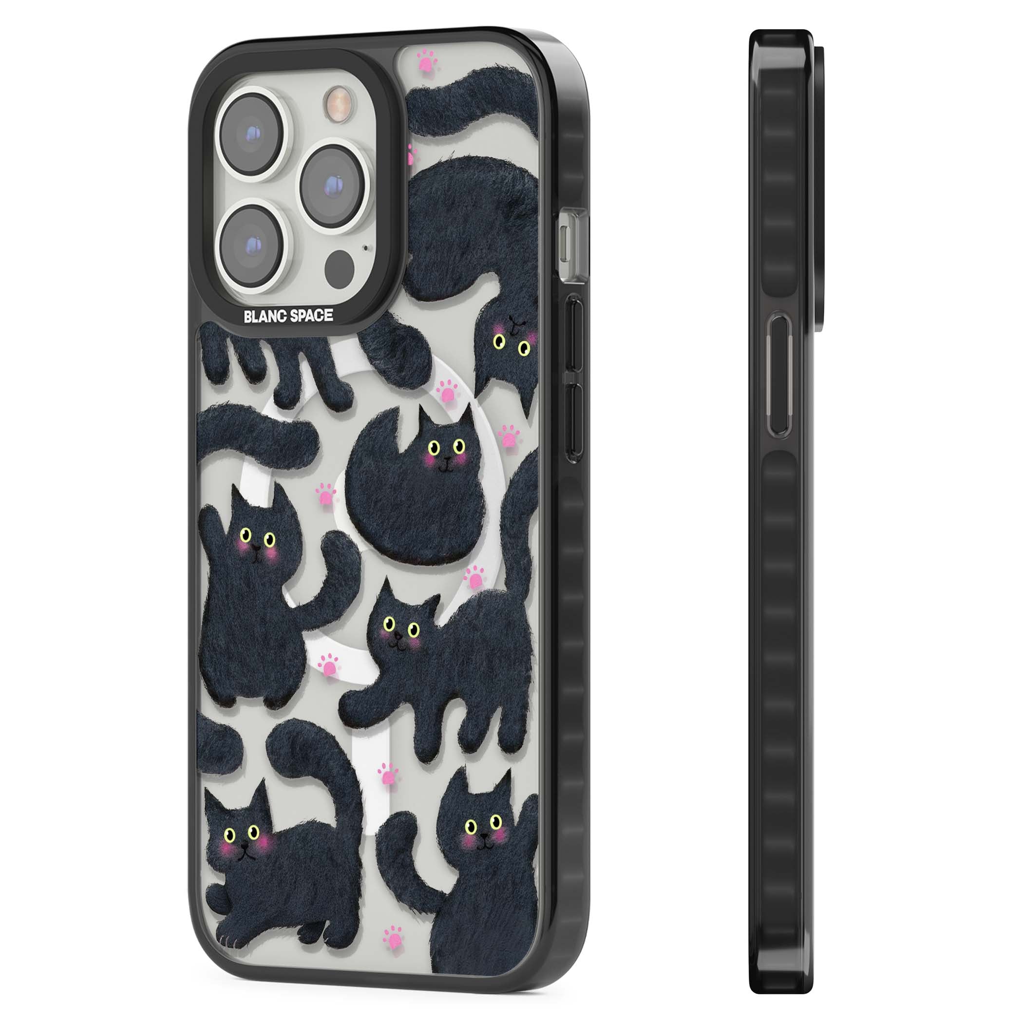 Midnight Cats cute iPhone case featuring black cat pattern with yellow eyes and pink paw prints | Black Impact Magsafe case for iPhone 13 Pro, iPhone 14 Pro, iPhone 15 Pro