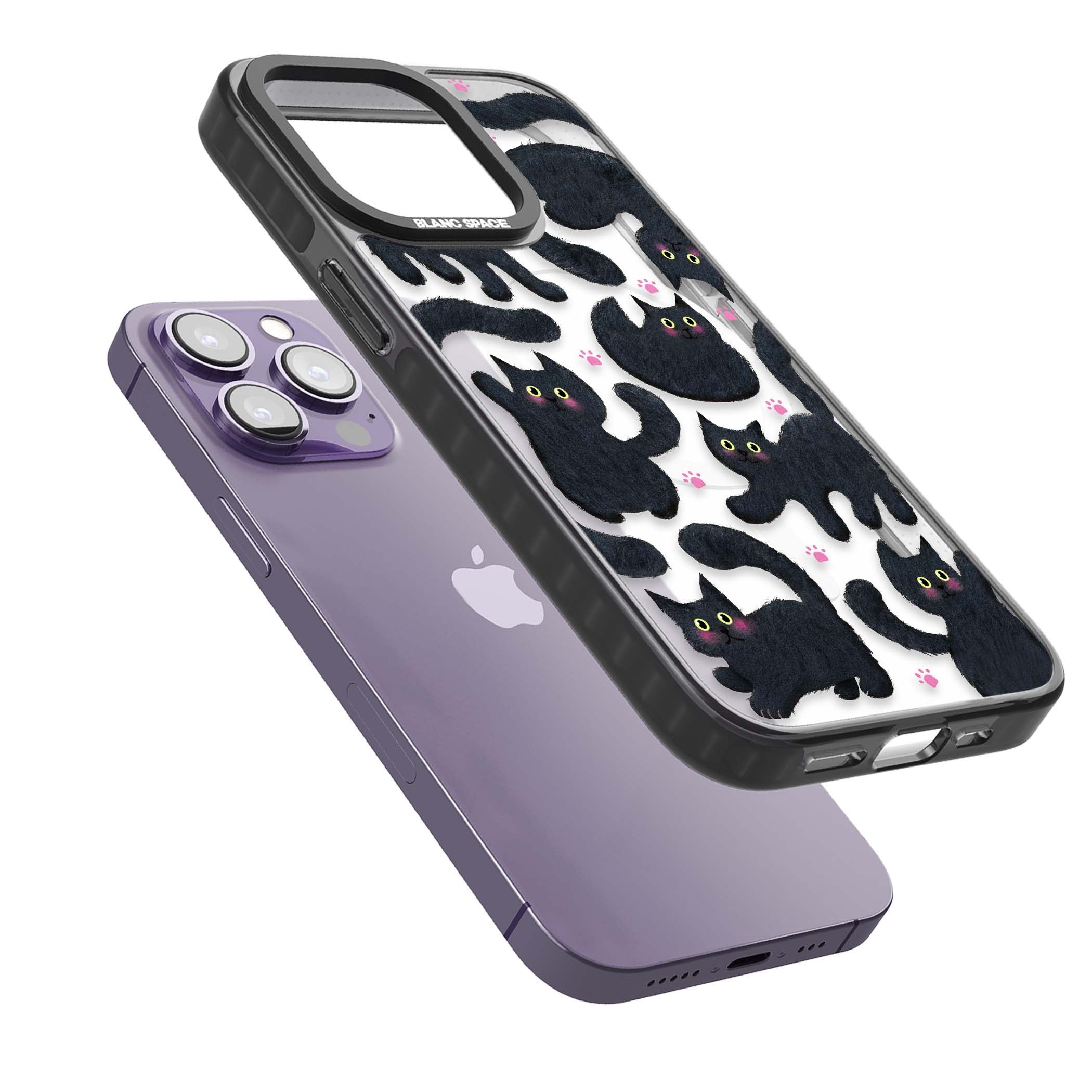 Midnight Cats cute iPhone case featuring black cat pattern with yellow eyes and pink paw prints | Black Impact Magsafe case for iPhone 13 Pro, iPhone 14 Pro, iPhone 15 Pro