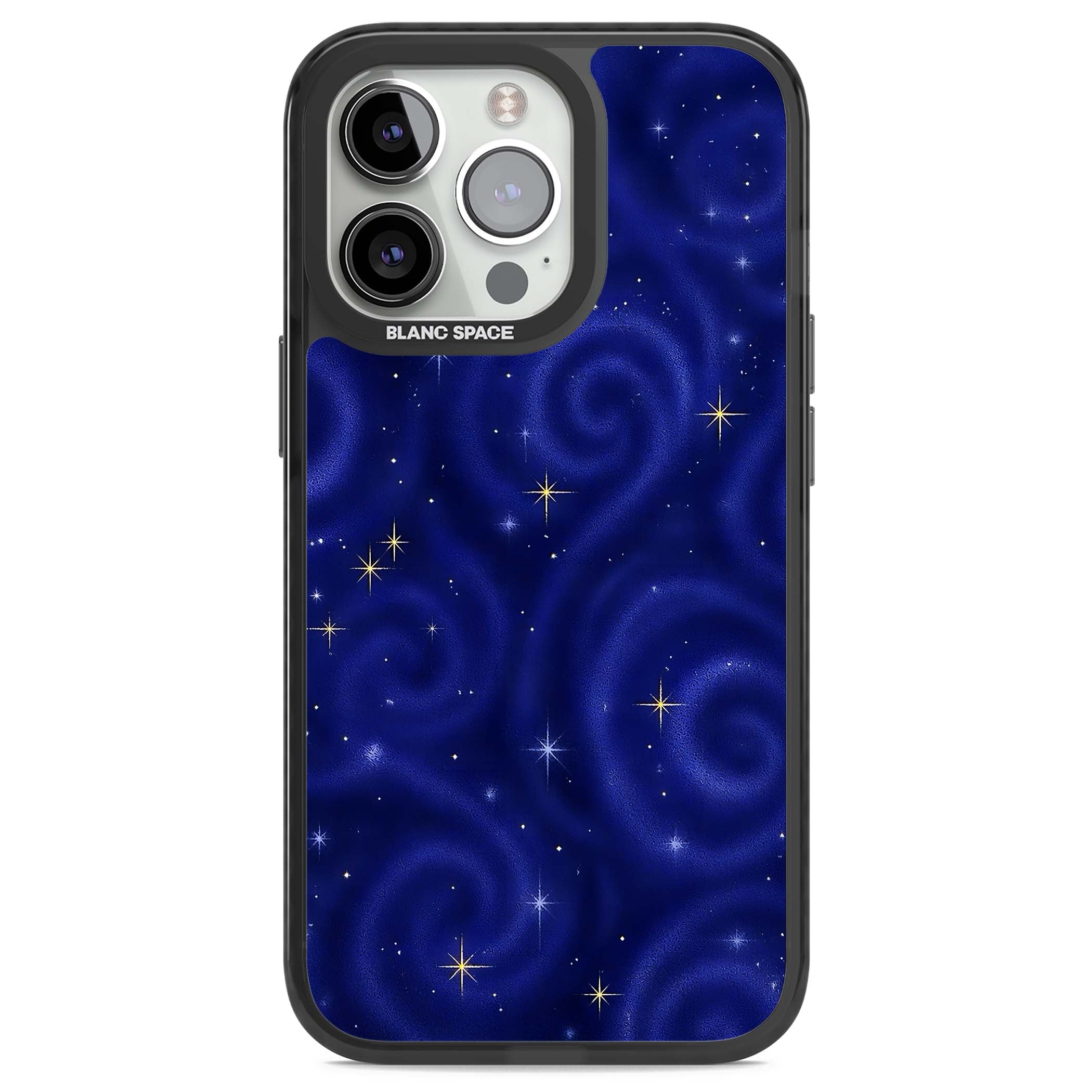 Indigo Cosmos celestial iPhone case featuring swirling navy night sky and sparkling golden stars | Black Impact Magsafe case for iPhone 13 Pro, iPhone 14 Pro, iPhone 15 Pro