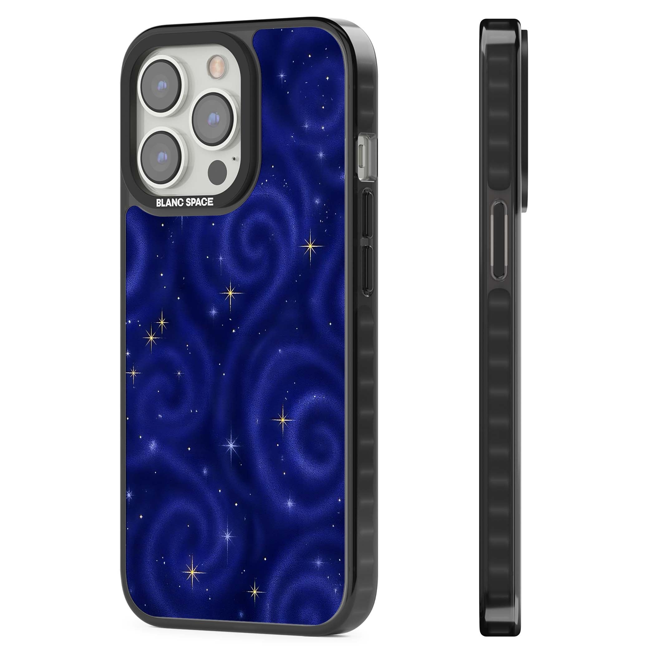 Indigo Cosmos celestial iPhone case featuring swirling navy night sky and sparkling golden stars | Black Impact Magsafe case for iPhone 13 Pro, iPhone 14 Pro, iPhone 15 Pro