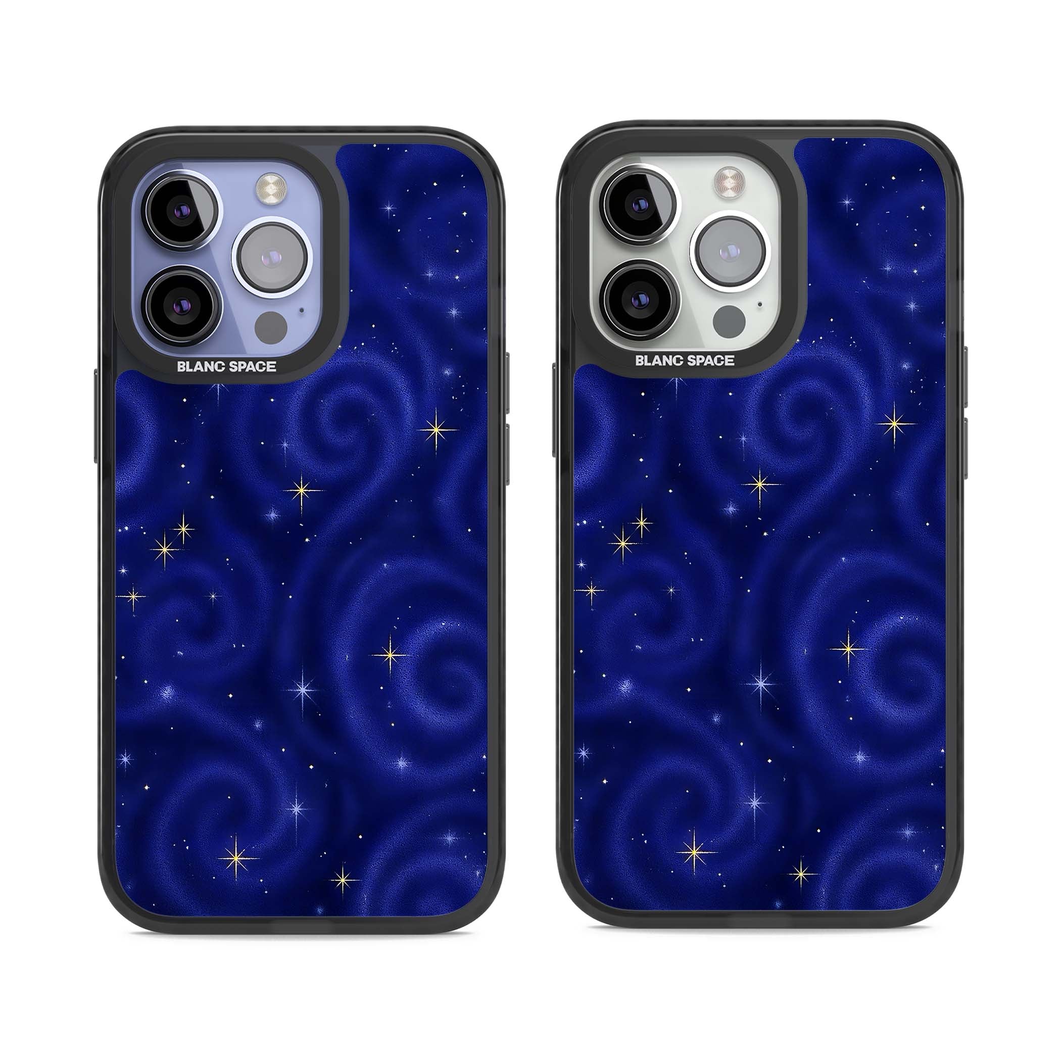 Indigo Cosmos celestial iPhone case featuring swirling navy night sky and sparkling golden stars | Black Impact Magsafe case for iPhone 13 Pro, iPhone 14 Pro, iPhone 15 Pro