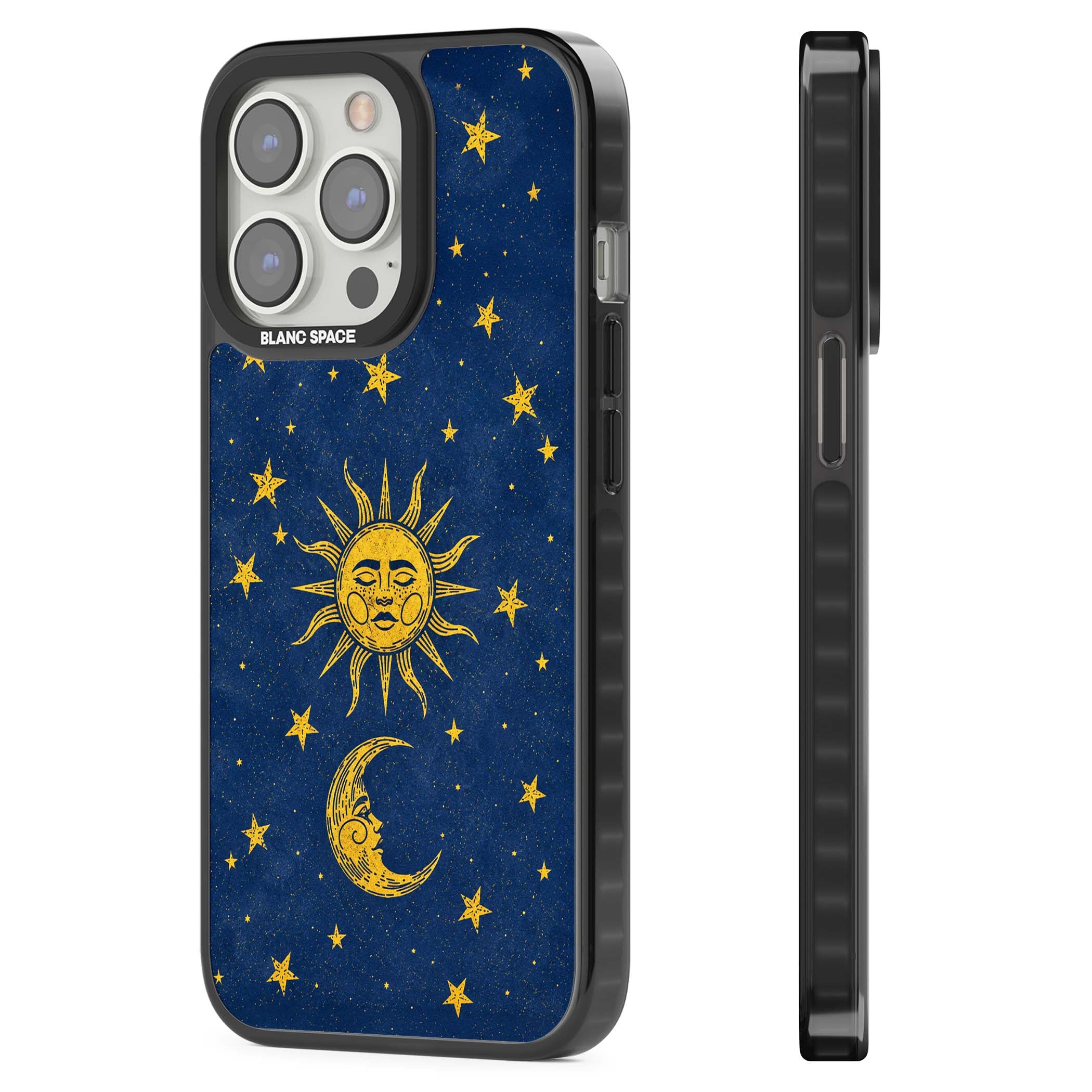 Sun & Moon Reverie celestial iPhone case featuring a vintage golden sun, crescent moon and scattered stars on midnight blue | Black Impact Magsafe case for iPhone 13 Pro, iPhone 14 Pro, iPhone 15 Pro