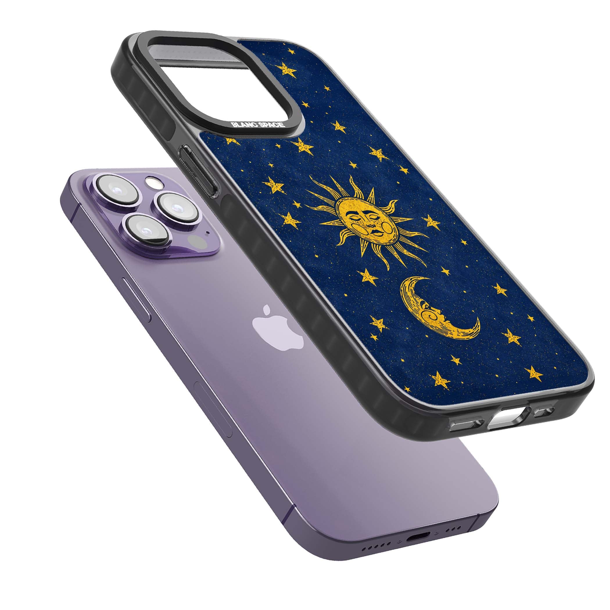 Sun & Moon Reverie celestial iPhone case featuring a vintage golden sun, crescent moon and scattered stars on midnight blue | Black Impact Magsafe case for iPhone 13 Pro, iPhone 14 Pro, iPhone 15 Pro