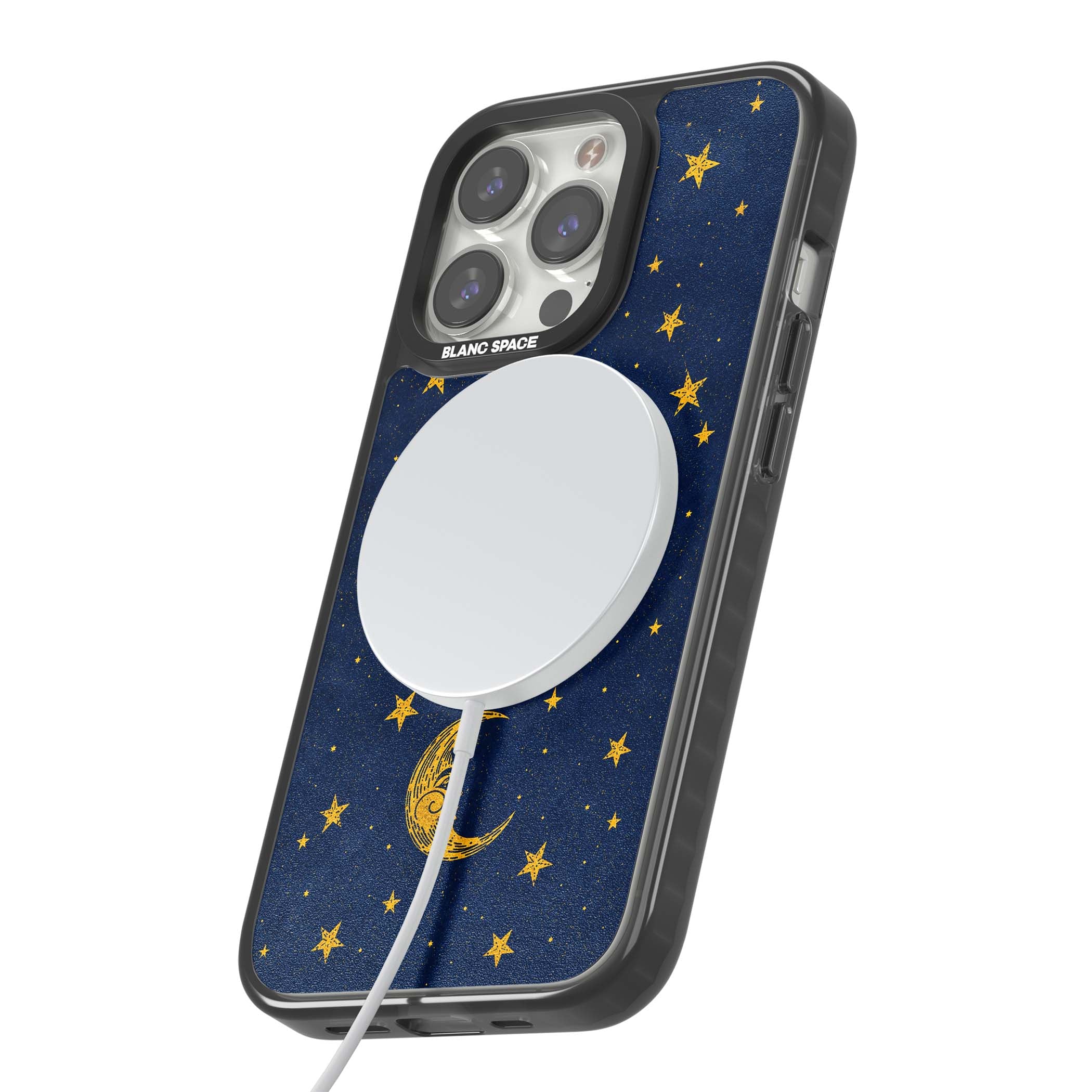 Sun & Moon Reverie celestial iPhone case featuring a vintage golden sun, crescent moon and scattered stars on midnight blue | Black Impact Magsafe case for iPhone 13 Pro, iPhone 14 Pro, iPhone 15 Pro