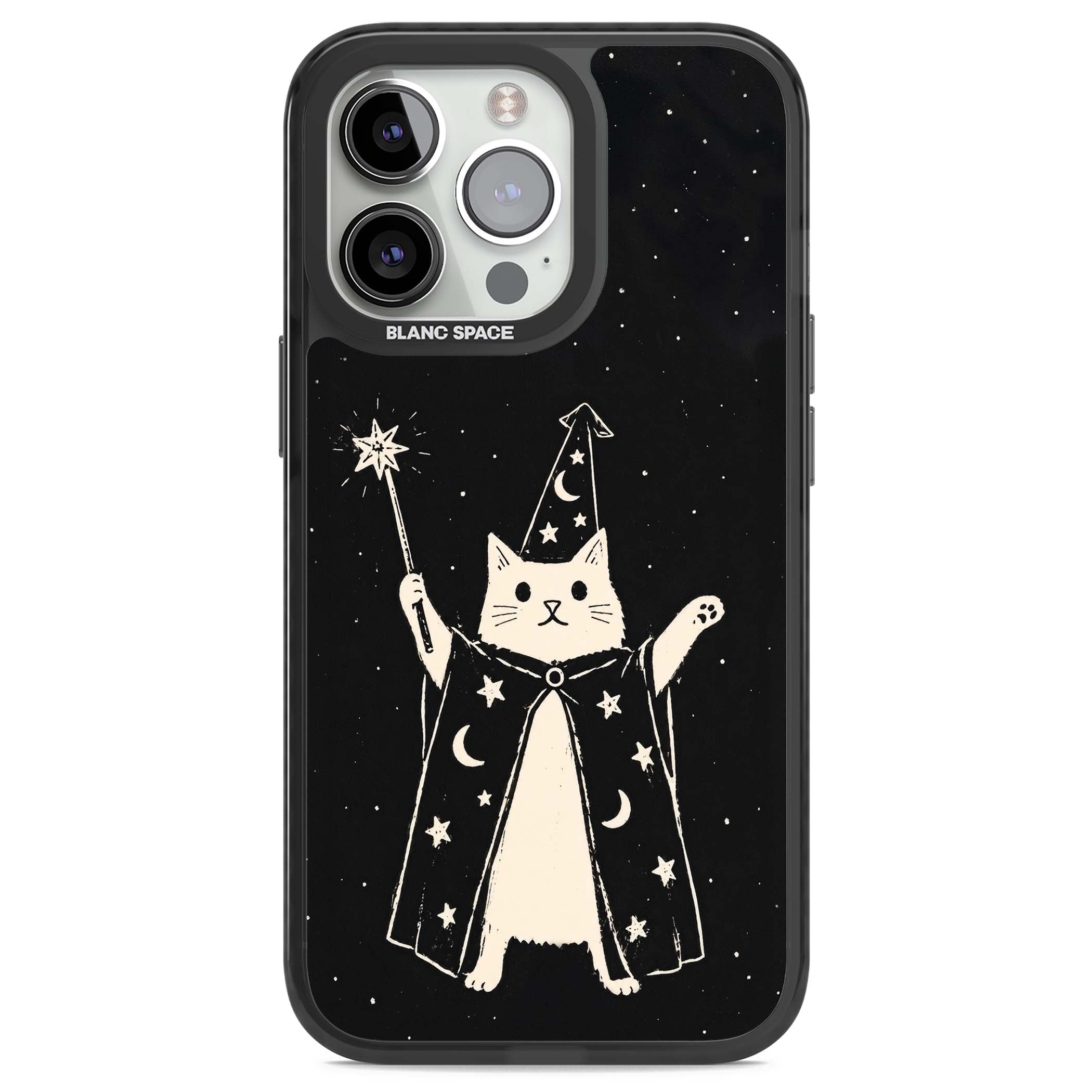 Whisker Wizard celestial cat iPhone case featuring a wizard cat with magic wand, starry night sky and crescent moons | Black Impact Magsafe case for iPhone 13 Pro, iPhone 14 Pro, iPhone 15 Pro