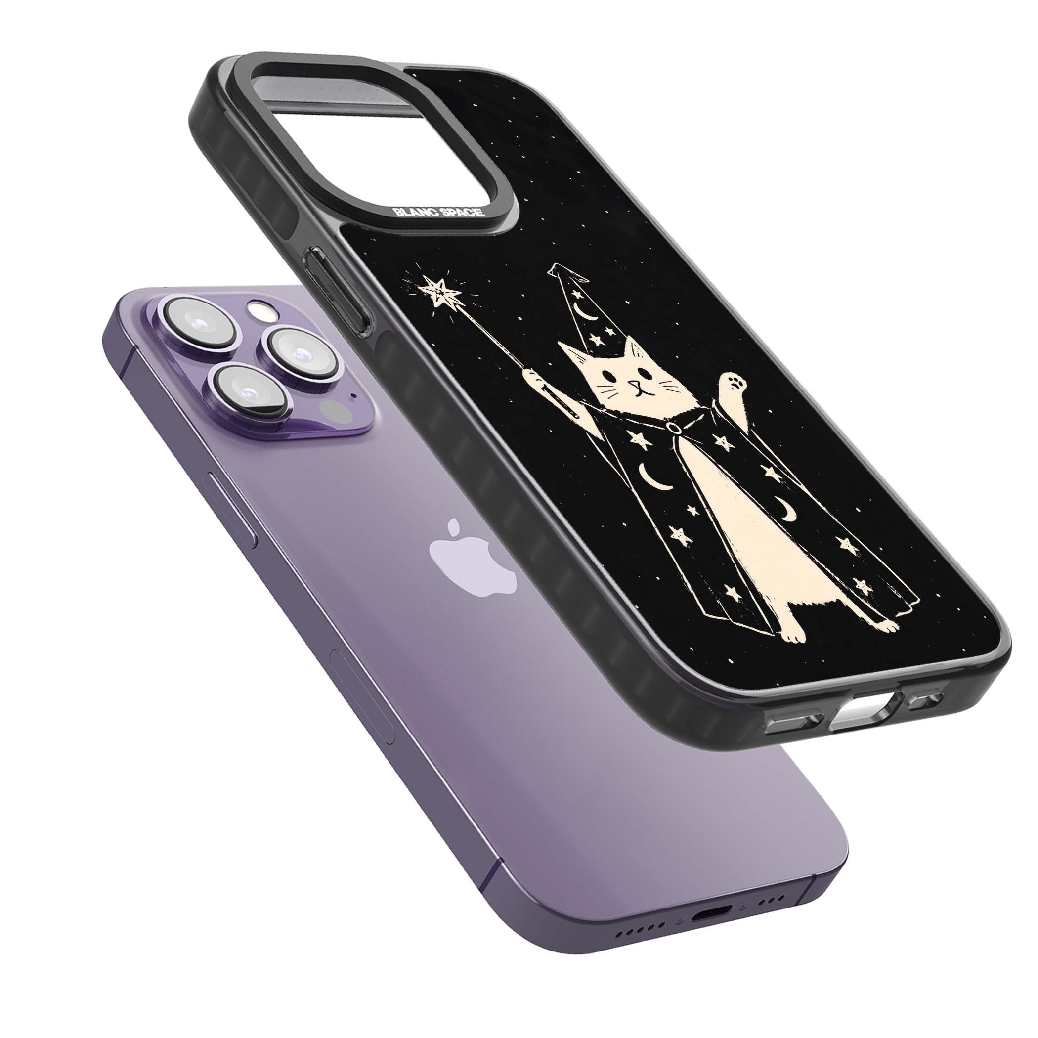 Whisker Wizard celestial cat iPhone case featuring a wizard cat with magic wand, starry night sky and crescent moons | Black Impact Magsafe case for iPhone 13 Pro, iPhone 14 Pro, iPhone 15 Pro
