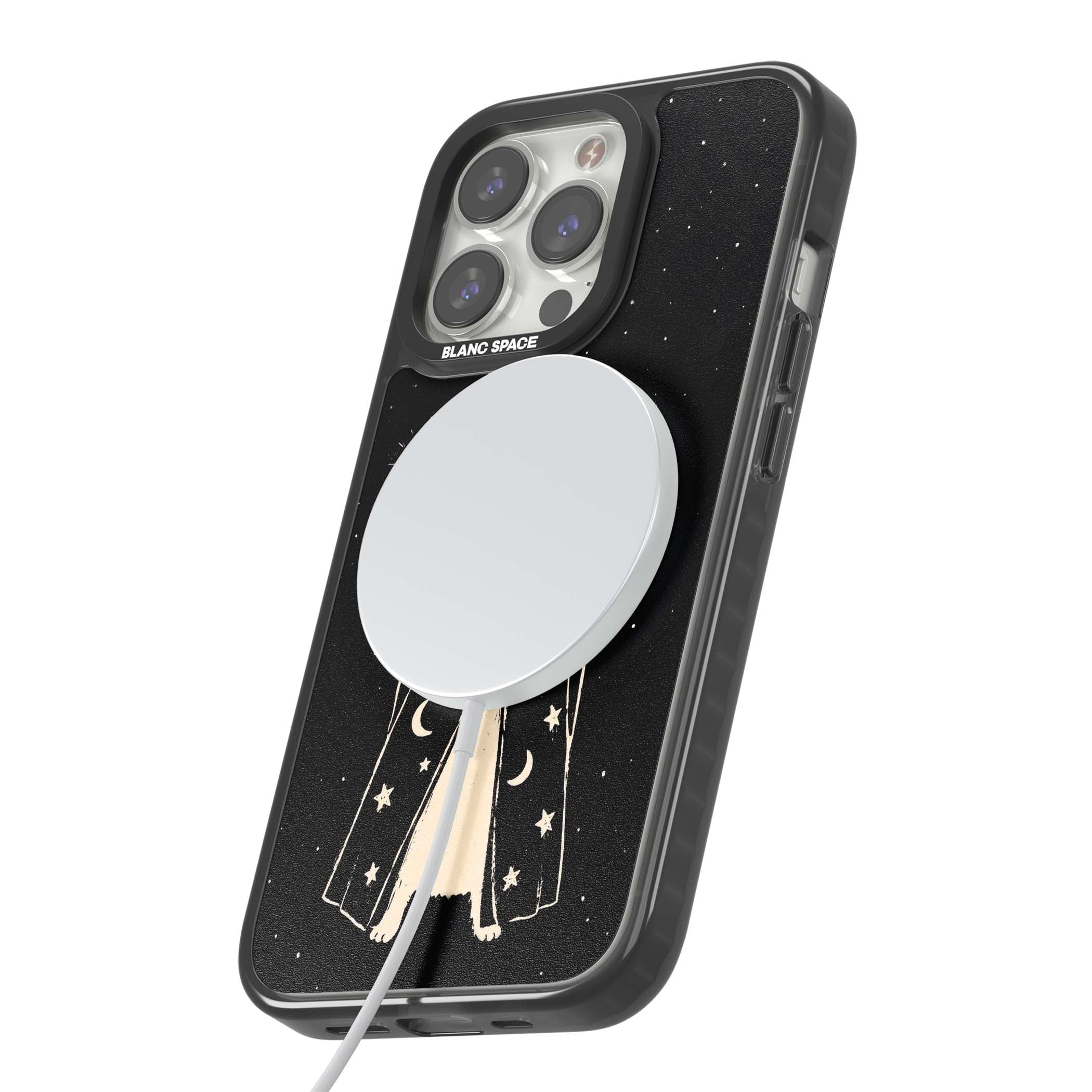 Whisker Wizard celestial cat iPhone case featuring a wizard cat with magic wand, starry night sky and crescent moons | Black Impact Magsafe case for iPhone 13 Pro, iPhone 14 Pro, iPhone 15 Pro