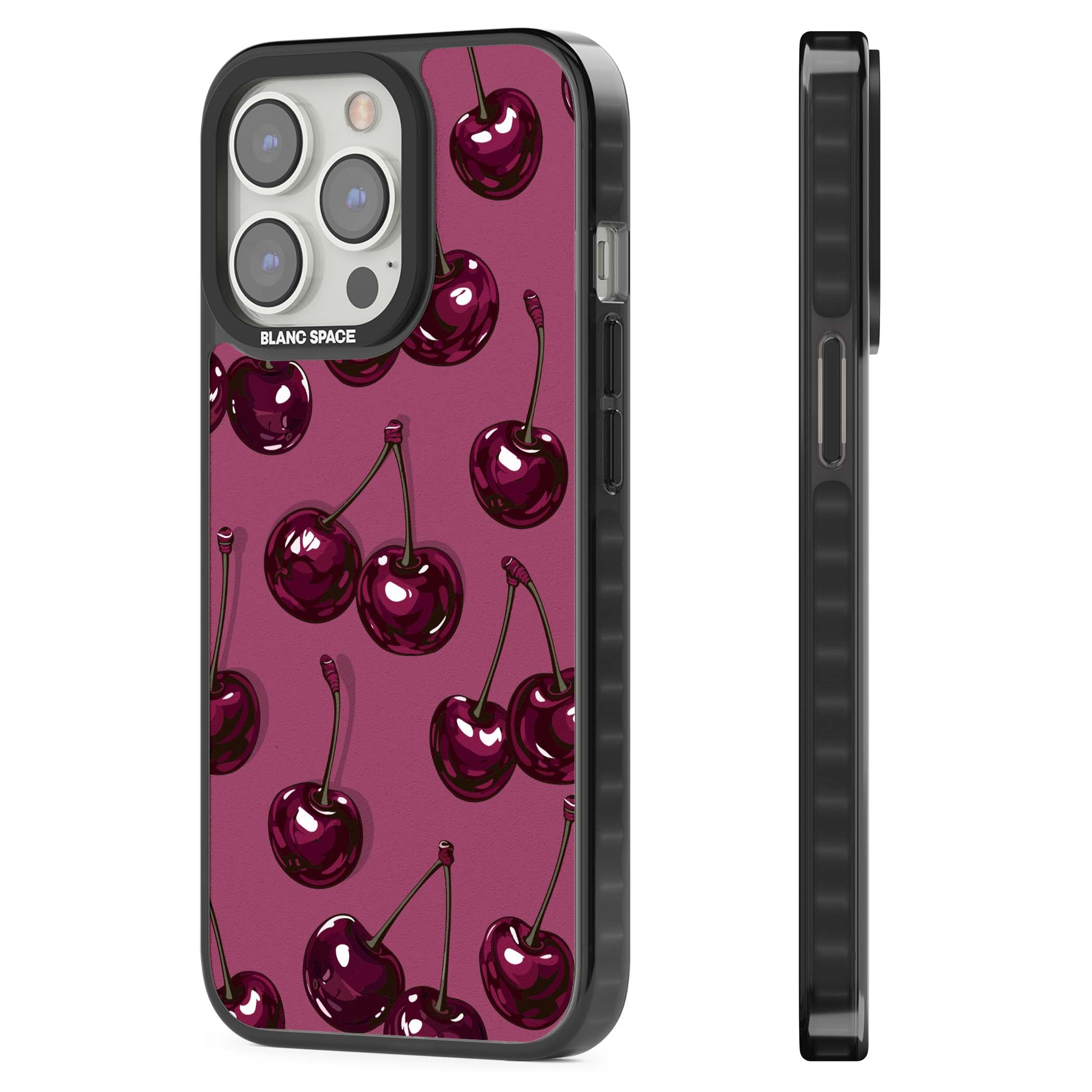 Cherry Soda coquette iPhone case featuring glossy burgundy cherries on a dusty pink background | Black Impact Magsafe case for iPhone 13 Pro, iPhone 14 Pro, iPhone 15 Pro