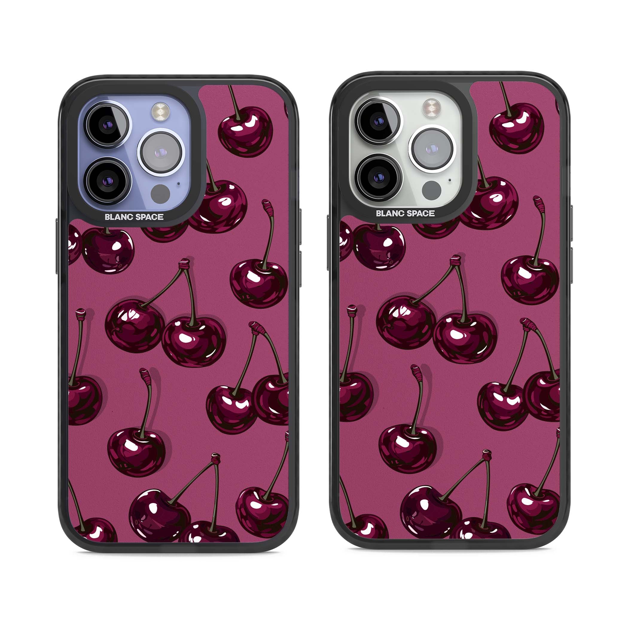 Cherry Soda coquette iPhone case featuring glossy burgundy cherries on a dusty pink background | Black Impact Magsafe case for iPhone 13 Pro, iPhone 14 Pro, iPhone 15 Pro