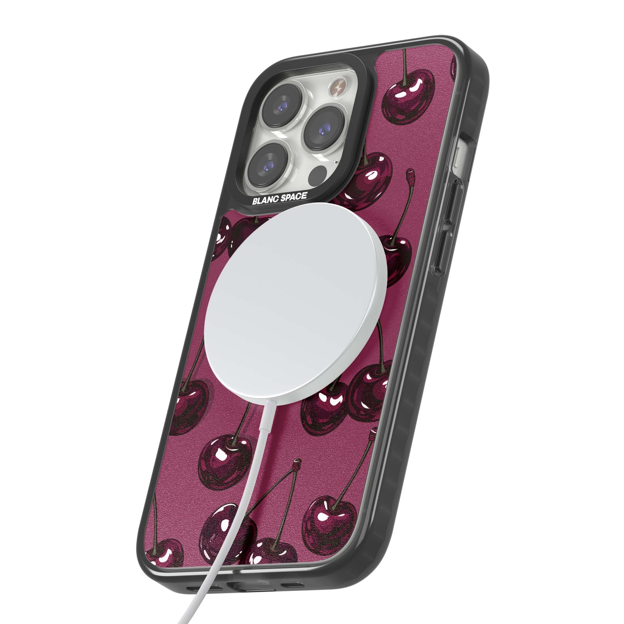 Cherry Soda coquette iPhone case featuring glossy burgundy cherries on a dusty pink background | Black Impact Magsafe case for iPhone 13 Pro, iPhone 14 Pro, iPhone 15 Pro