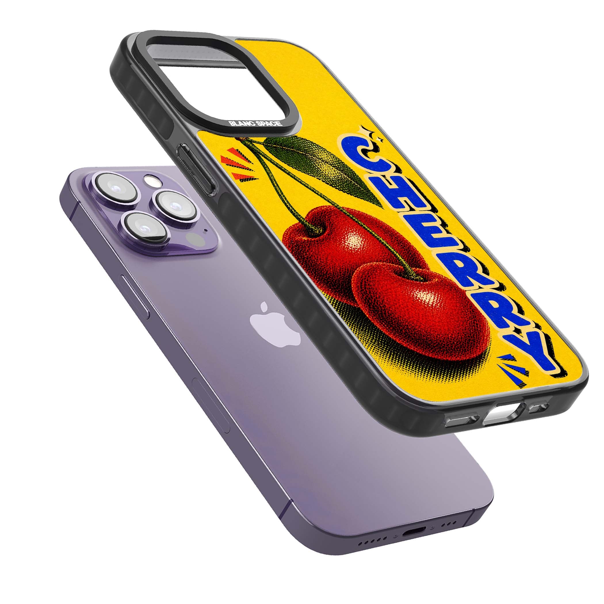 Cherry Yellow y2k iPhone case featuring two red cherries, halftone shading and bold blue CHERRY lettering on yellow | Black Impact Magsafe case for iPhone 13 Pro, iPhone 14 Pro, iPhone 15 Pro