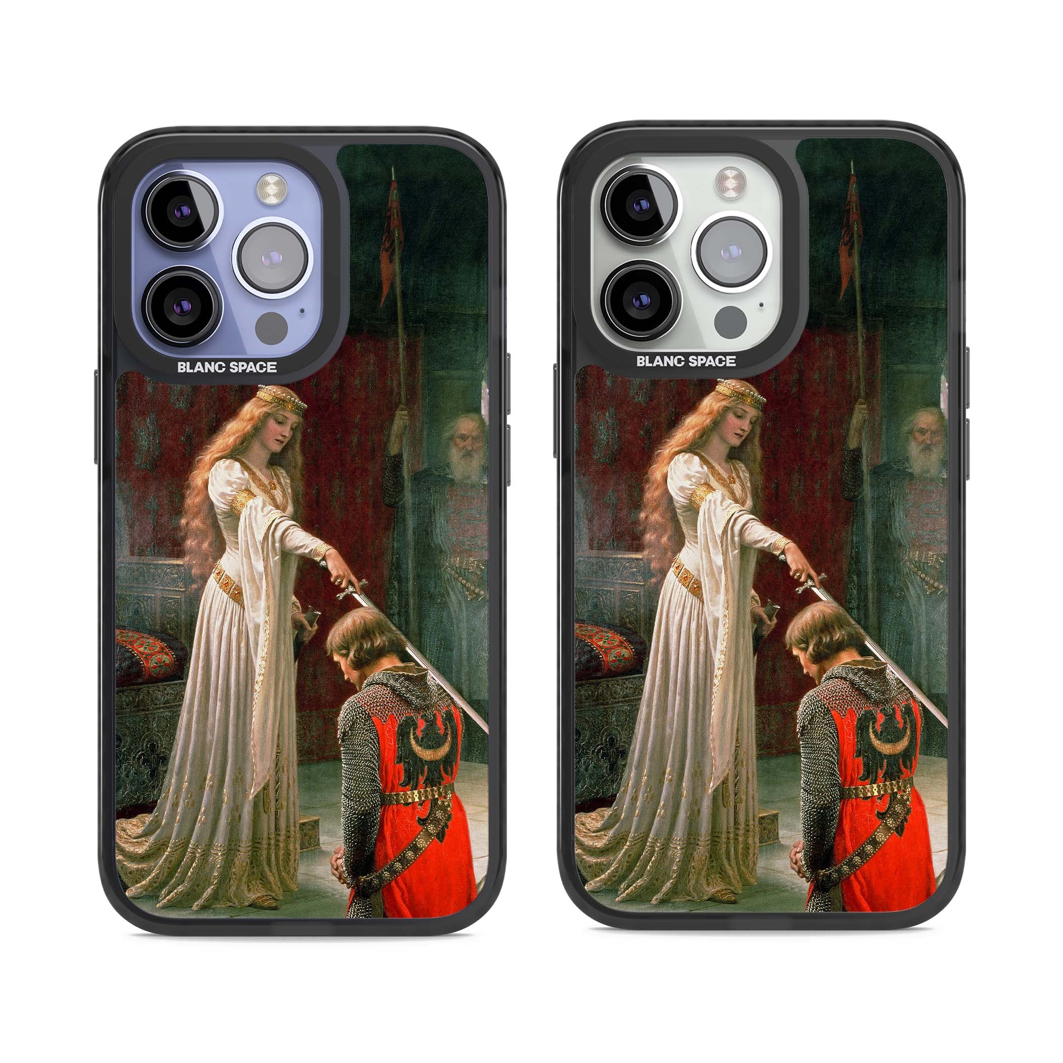 The Accolade renaissance art iPhone case featuring Edmund Blair Leighton's painting of a queen knighting a kneeling knight | Black Impact Magsafe case for iPhone 13 Pro, iPhone 14 Pro, iPhone 15 Pro