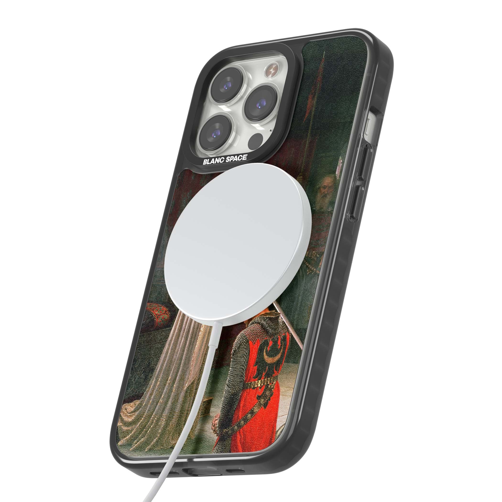 The Accolade renaissance art iPhone case featuring Edmund Blair Leighton's painting of a queen knighting a kneeling knight | Black Impact Magsafe case for iPhone 13 Pro, iPhone 14 Pro, iPhone 15 Pro