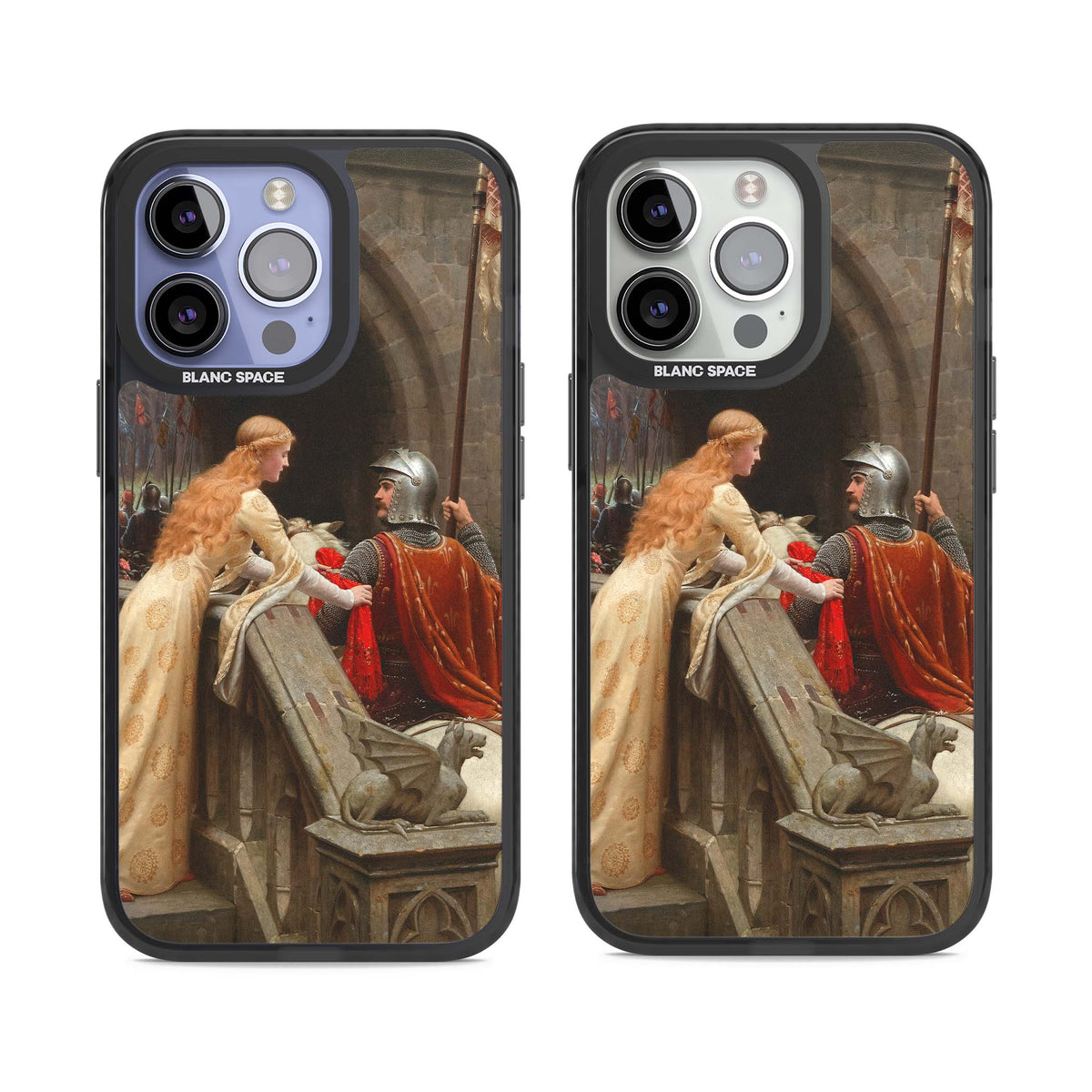 God Speed fine art iPhone case featuring Edmund Blair Leighton's medieval knight and lady beneath a stone archway | Black Impact Magsafe case for iPhone 13 Pro, iPhone 14 Pro, iPhone 15 Pro