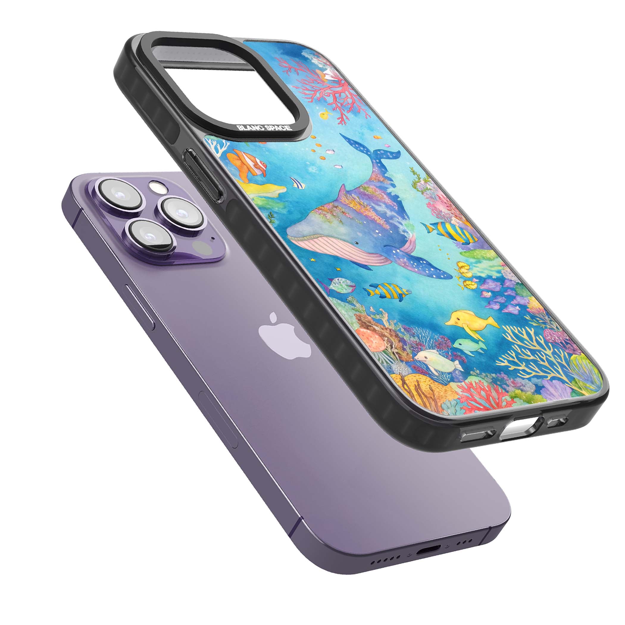 Coral Lagoon ocean iPhone case featuring a watercolour whale, coral reef and tropical fish | Black Impact Magsafe case for iPhone 13 Pro, iPhone 14 Pro, iPhone 15 Pro