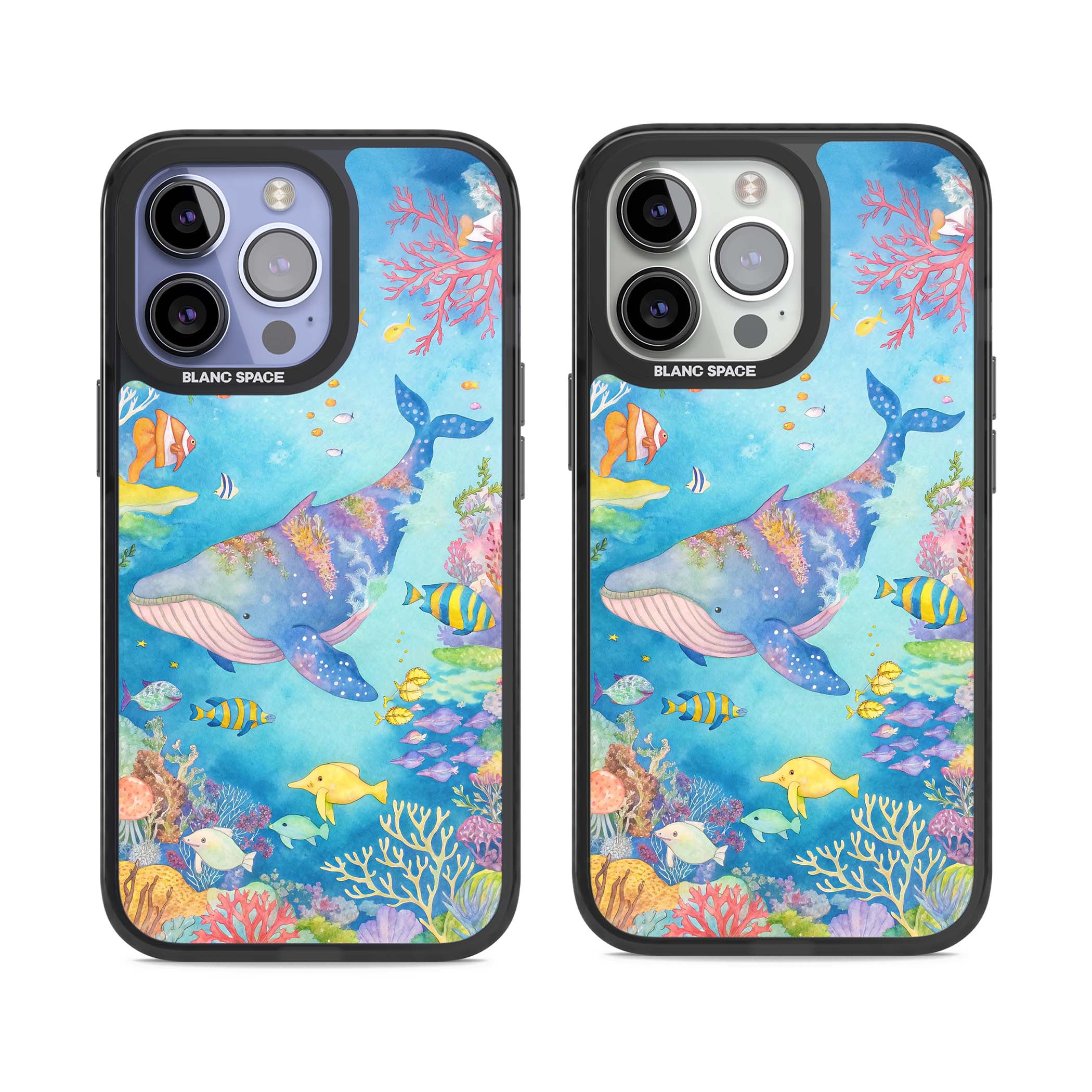 Coral Lagoon ocean iPhone case featuring a watercolour whale, coral reef and tropical fish | Black Impact Magsafe case for iPhone 13 Pro, iPhone 14 Pro, iPhone 15 Pro
