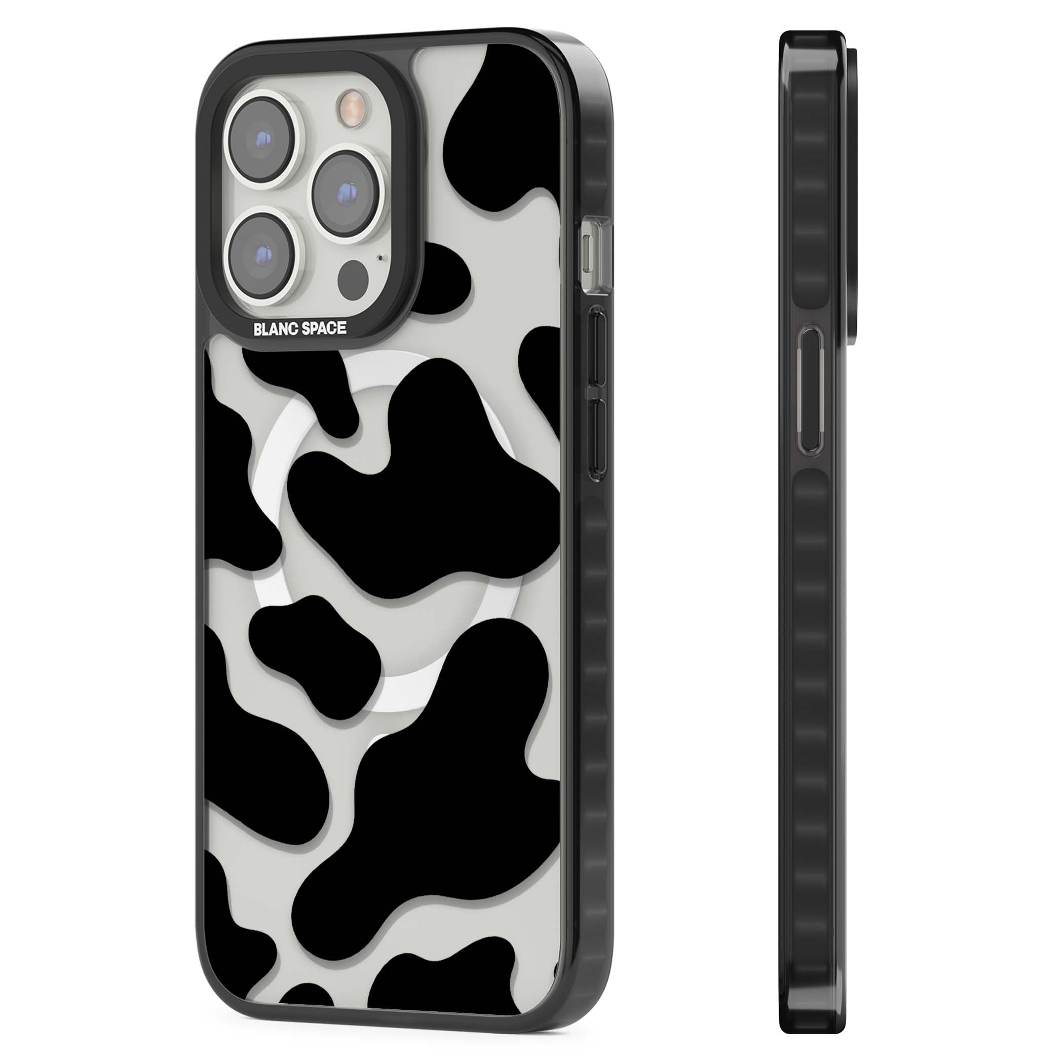 Clear Cow Print cow print iPhone case featuring black and white cow pattern splotches on a clear background | Black Impact Magsafe case for iPhone 13 Pro, iPhone 14 Pro, iPhone 15 Pro