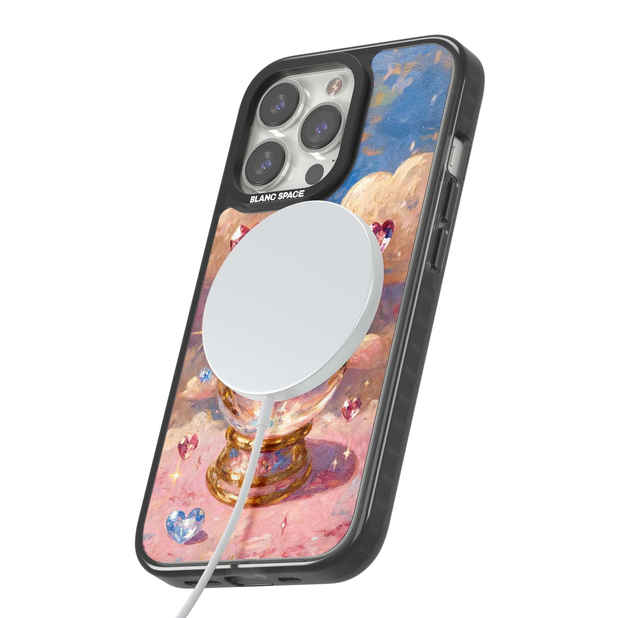 Crystal Ball fairycore iPhone case featuring a painted crystal ball, heart gemstones, and pastel clouds | Black Impact Magsafe case for iPhone 13 Pro, iPhone 14 Pro, iPhone 15 Pro