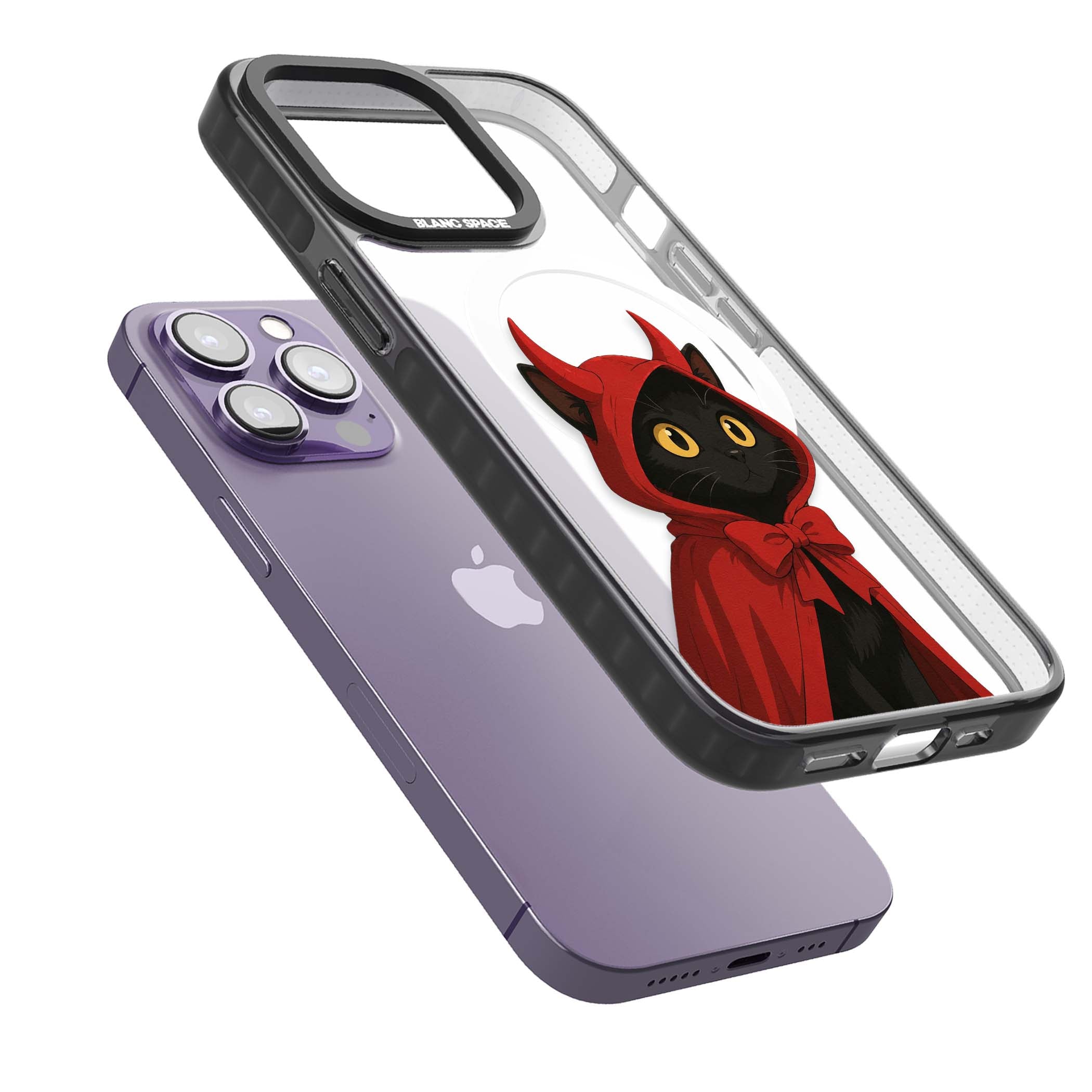 Little Devil halloween iPhone case featuring a black cat in a red hooded devil cloak with horns and golden eyes | Black Impact Magsafe case for iPhone 13 Pro, iPhone 14 Pro, iPhone 15 Pro