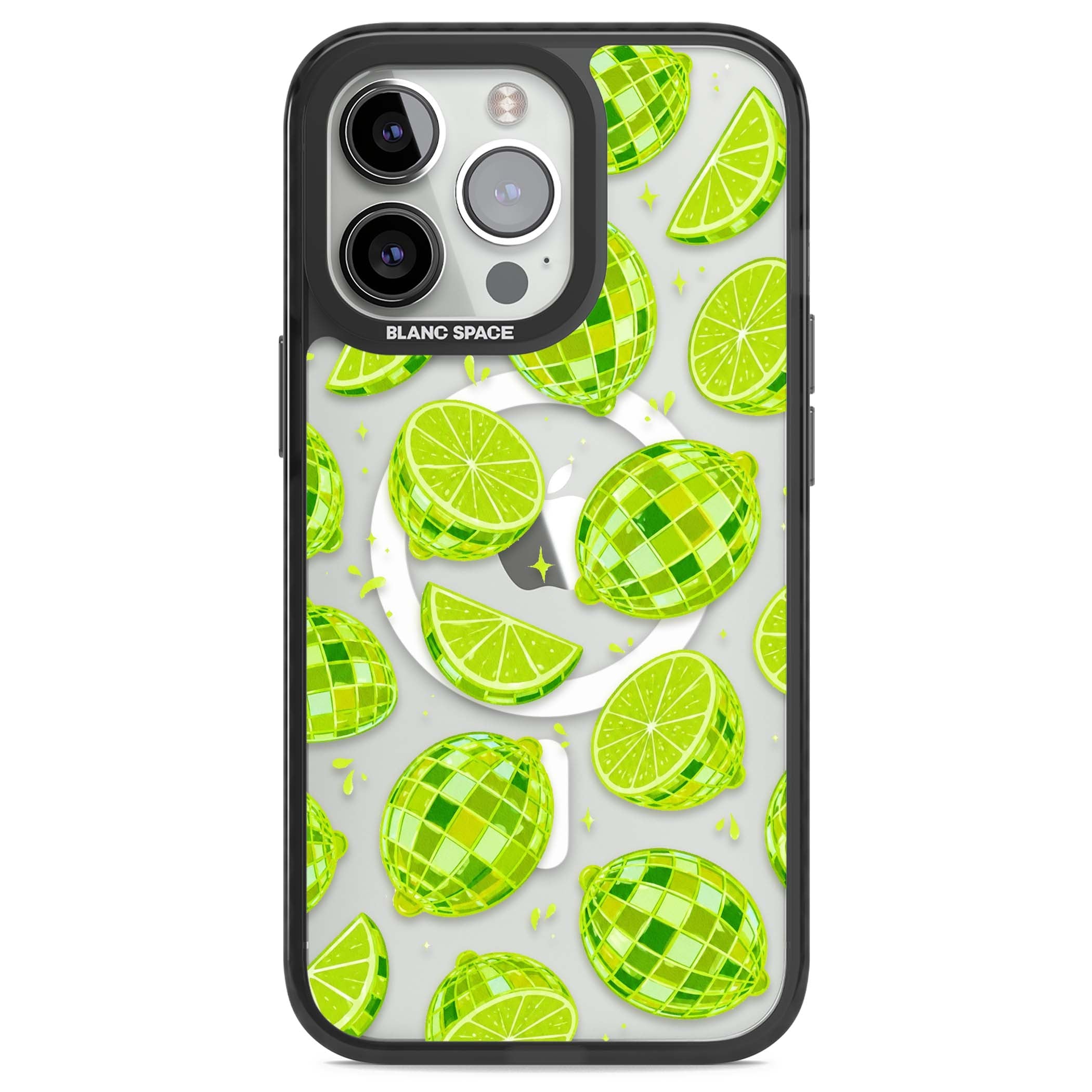 Disco Limes fruit aesthetic iPhone case featuring green disco balls, lime slices and citrus sparkles | Black Impact Magsafe case for iPhone 13 Pro, iPhone 14 Pro, iPhone 15 Pro