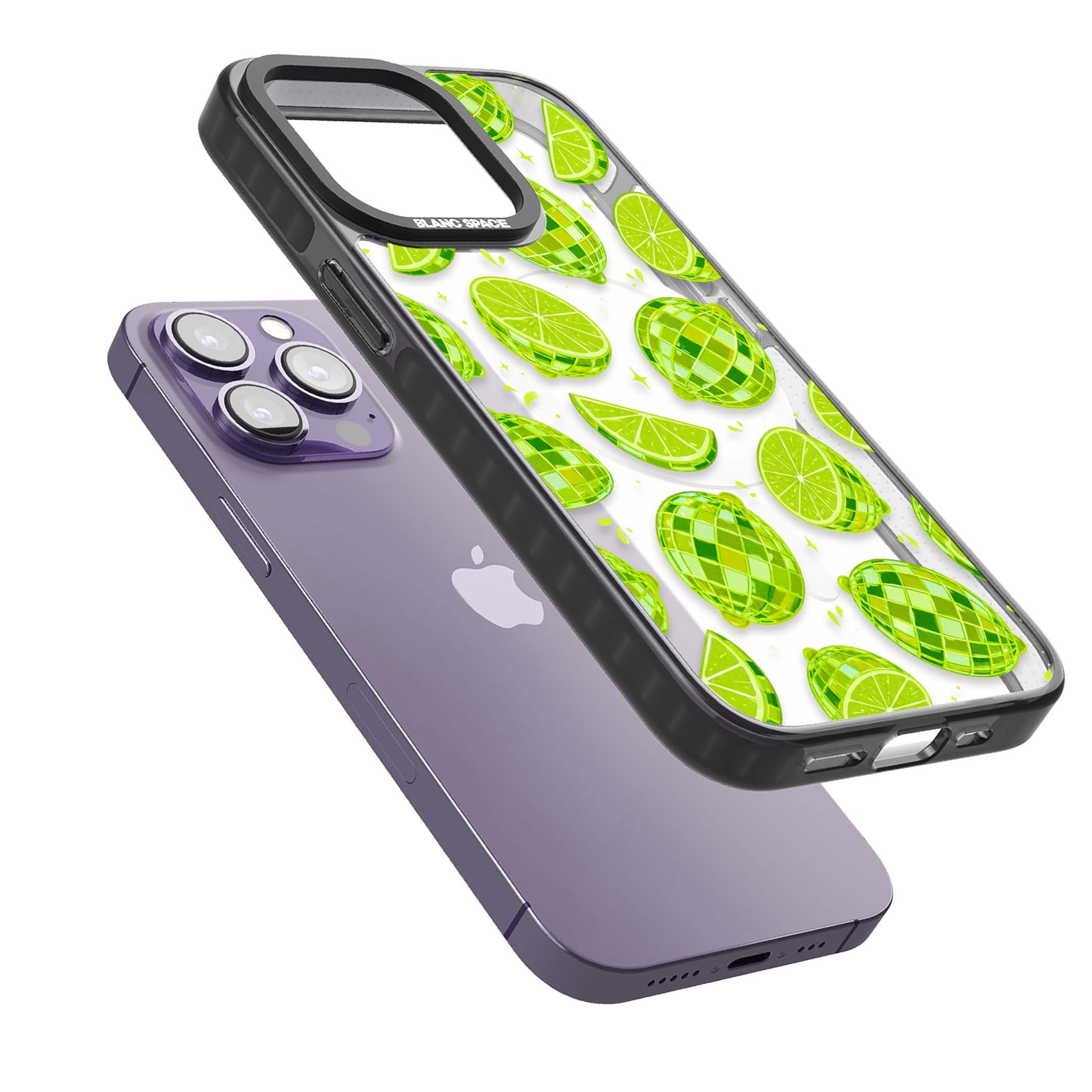 Disco Limes fruit aesthetic iPhone case featuring green disco balls, lime slices and citrus sparkles | Black Impact Magsafe case for iPhone 13 Pro, iPhone 14 Pro, iPhone 15 Pro