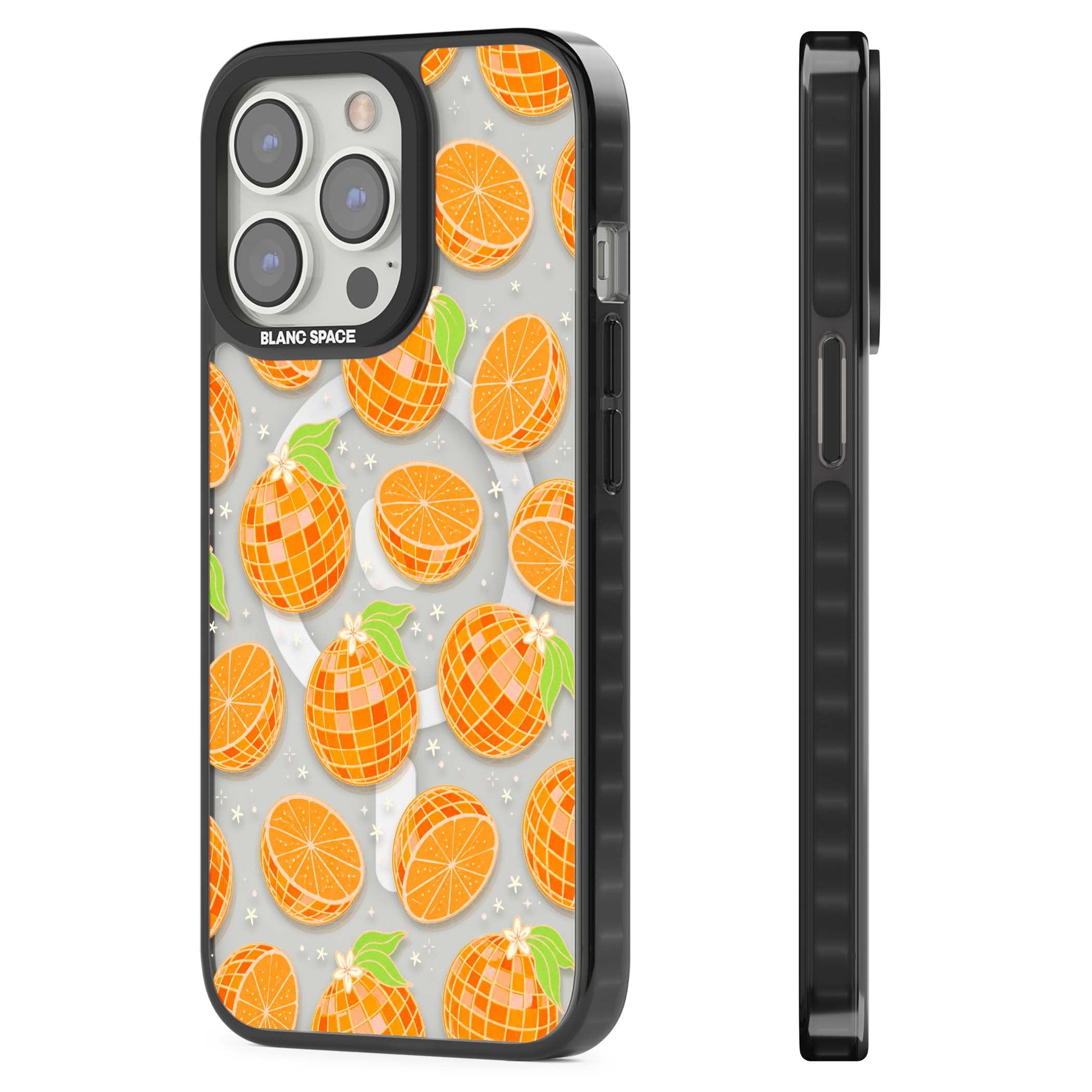 Disco Oranges retro iPhone case featuring mirrorball oranges, citrus slices and tiny blossoms on clear | Black Impact Magsafe case for iPhone 13 Pro, iPhone 14 Pro, iPhone 15 Pro