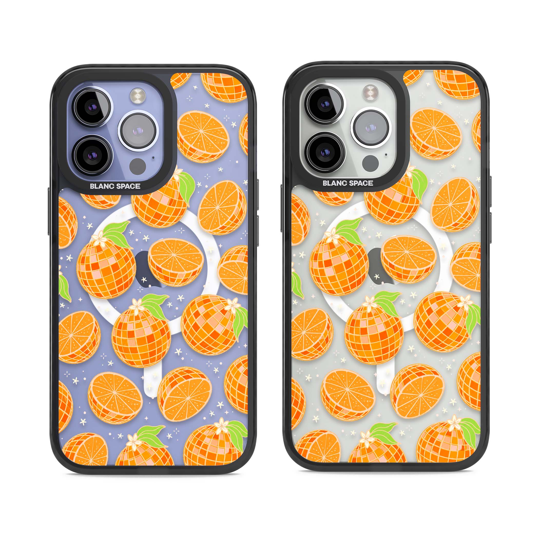 Disco Oranges retro iPhone case featuring mirrorball oranges, citrus slices and tiny blossoms on clear | Black Impact Magsafe case for iPhone 13 Pro, iPhone 14 Pro, iPhone 15 Pro
