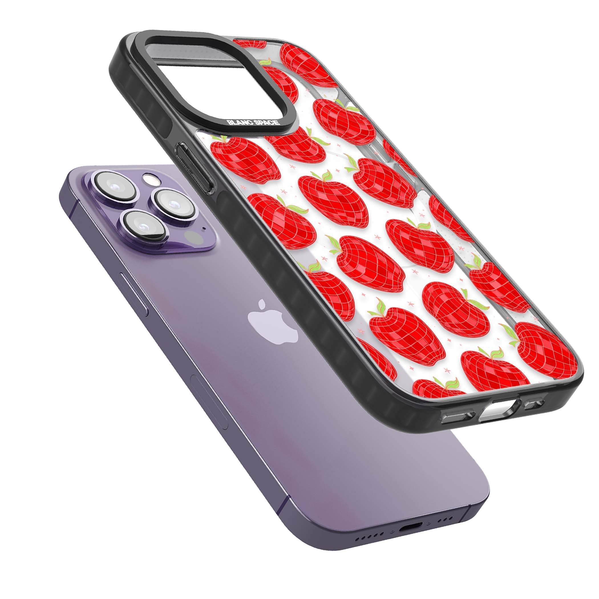 Disco Apples Y2K iPhone case featuring red disco ball apples, green leaves and pink sparkles on clear | Black Impact Magsafe case for iPhone 13 Pro, iPhone 14 Pro, iPhone 15 Pro