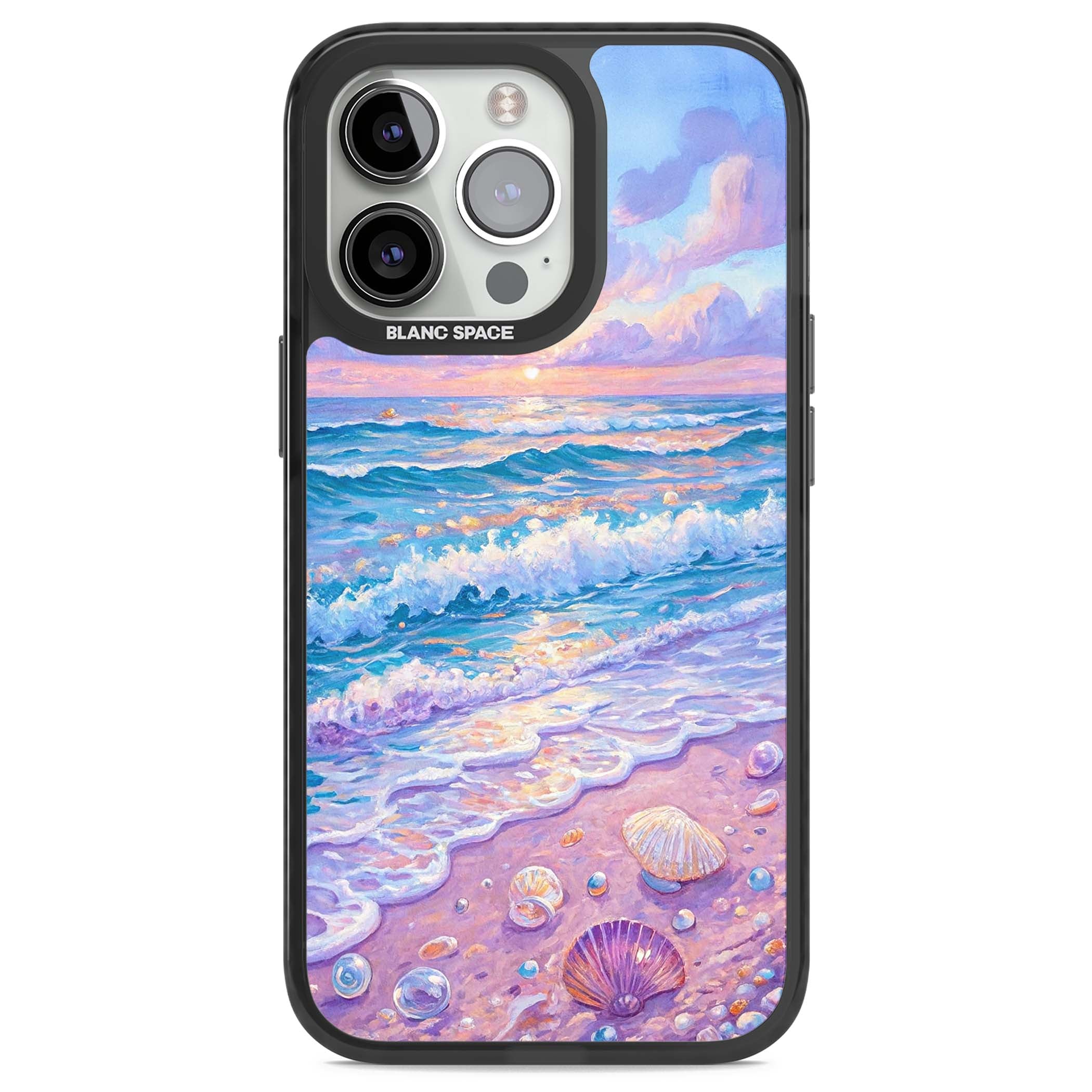 Pearl Shore coastal iPhone case featuring pastel painted waves, seashells, and a sunrise sky over a lavender beach. | Black Impact Magsafe case for iPhone 13 Pro, iPhone 14 Pro, iPhone 15 Pro