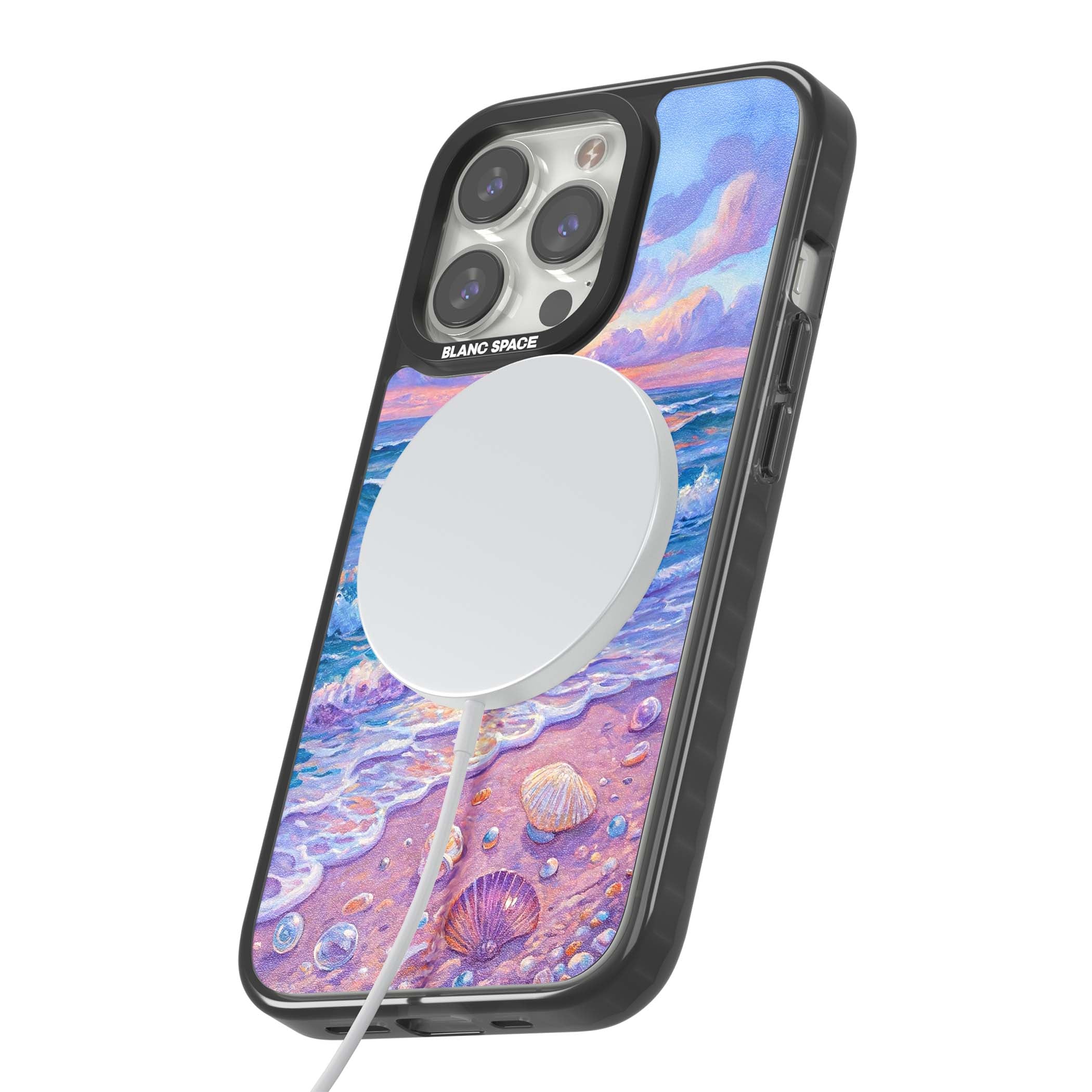 Pearl Shore coastal iPhone case featuring pastel painted waves, seashells, and a sunrise sky over a lavender beach. | Black Impact Magsafe case for iPhone 13 Pro, iPhone 14 Pro, iPhone 15 Pro