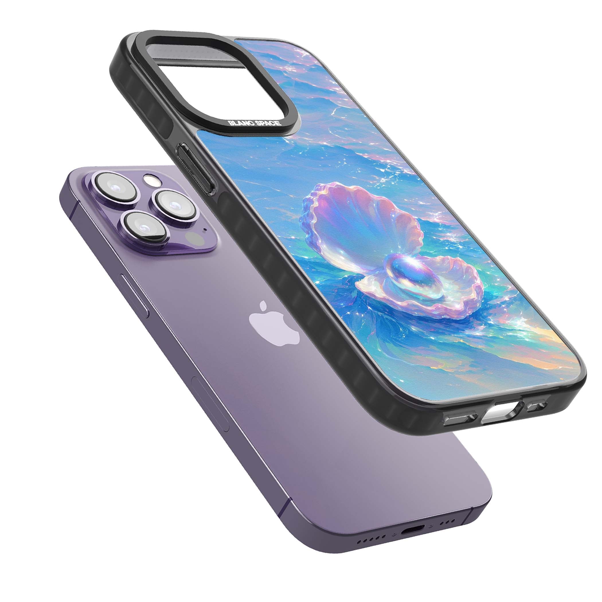 The Pearl Clam mermaidcore iPhone case featuring iridescent seashell, glowing pearl and pastel ocean waves | Black Impact Magsafe case for iPhone 13 Pro, iPhone 14 Pro, iPhone 15 Pro