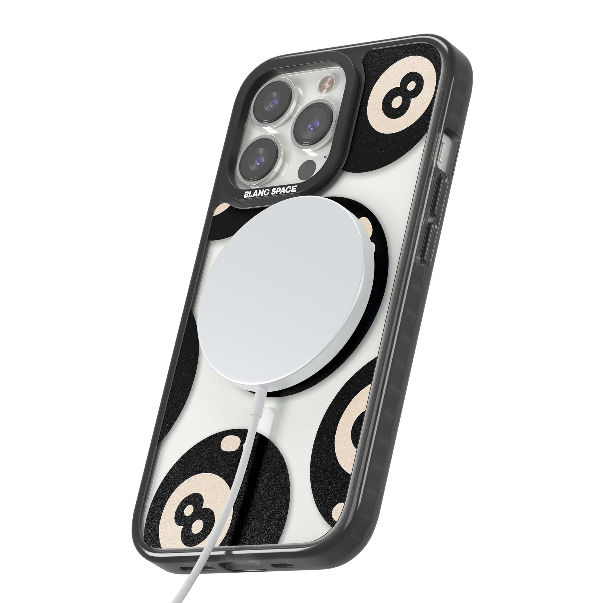 Eights y2k iPhone case featuring scattered black 8 balls with cream highlights on a clear background | Black Impact Magsafe case for iPhone 13 Pro, iPhone 14 Pro, iPhone 15 Pro
