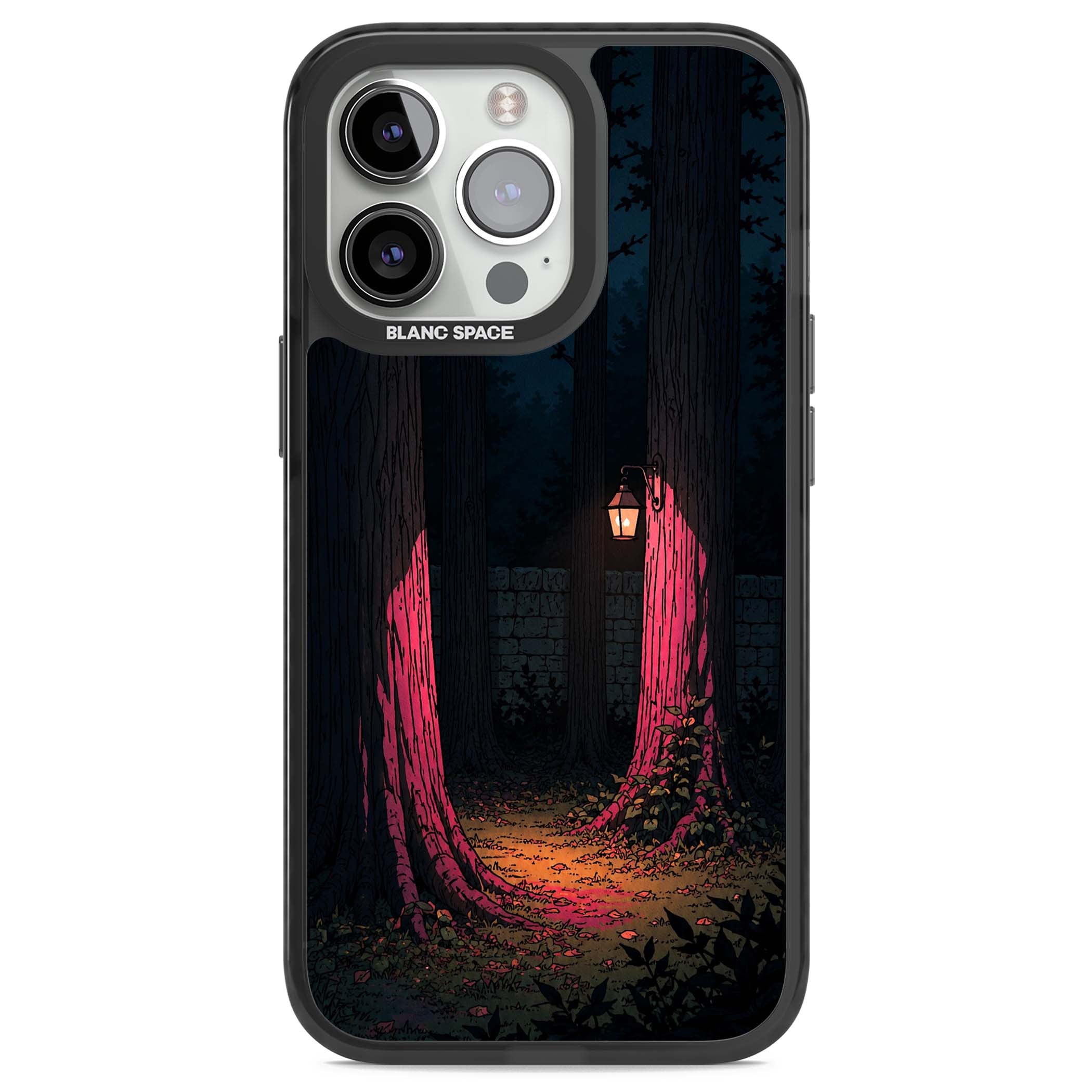 Forest Lantern dark academia iPhone case featuring a moonlit forest, glowing lantern, and stone wall pathway | Black Impact Magsafe case for iPhone 13 Pro, iPhone 14 Pro, iPhone 15 Pro