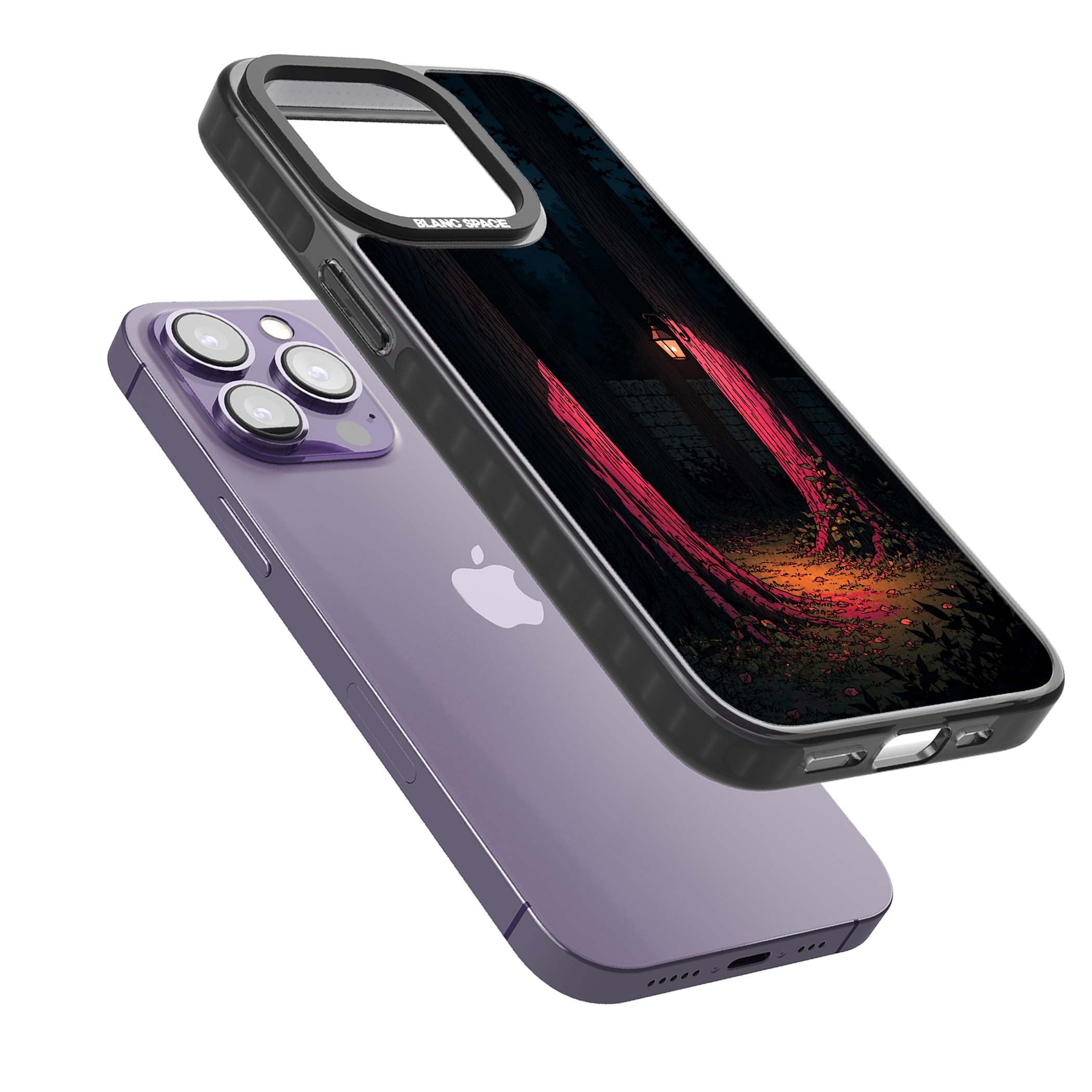 Forest Lantern dark academia iPhone case featuring a moonlit forest, glowing lantern, and stone wall pathway | Black Impact Magsafe case for iPhone 13 Pro, iPhone 14 Pro, iPhone 15 Pro