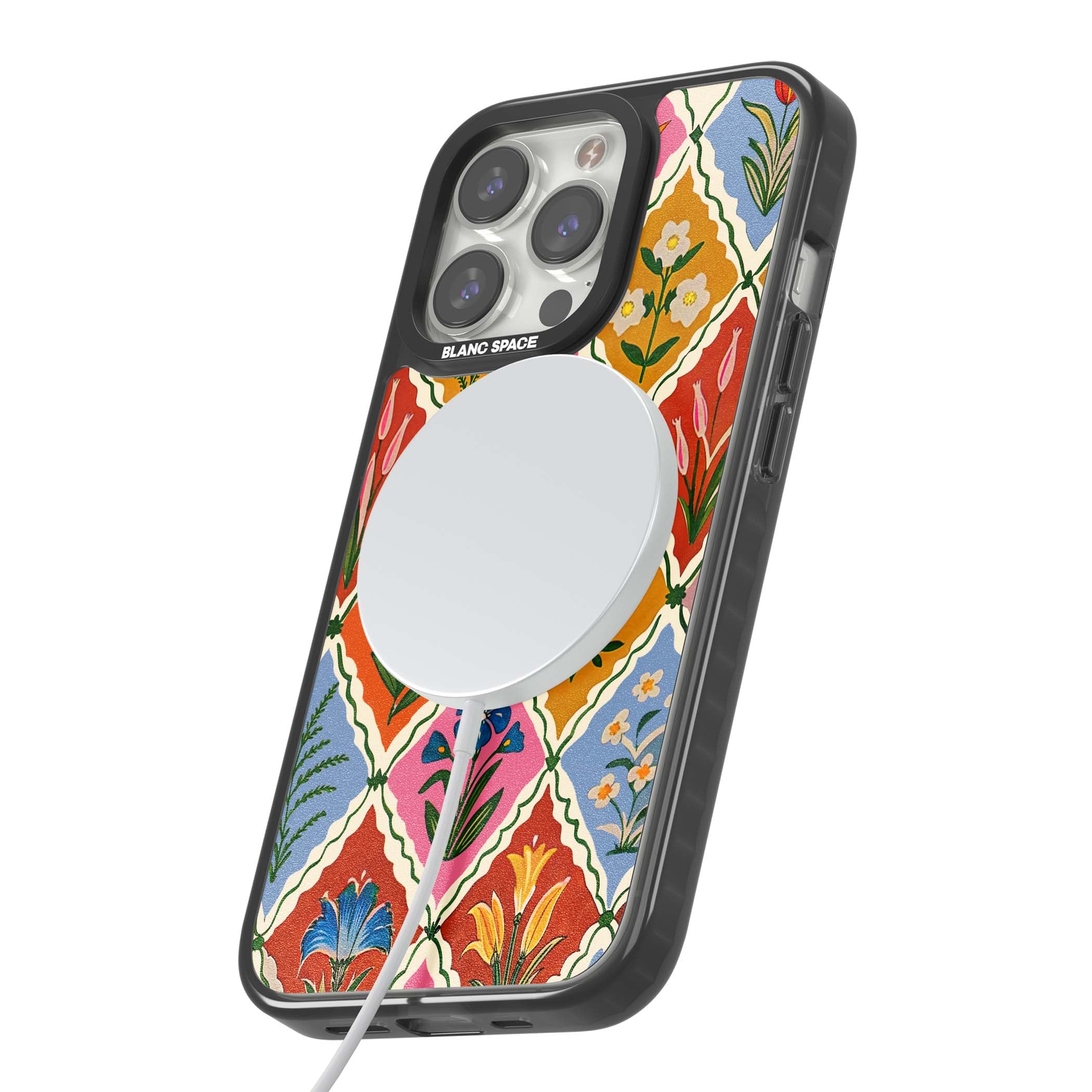 Floral Quilt boho floral iPhone case featuring diamond lattice pattern, hand-painted tulips and folk art wildflowers | Black Impact Magsafe case for iPhone 13 Pro, iPhone 14 Pro, iPhone 15 Pro