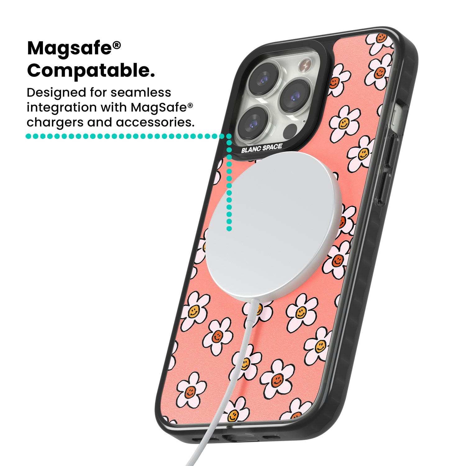 Peachy Daisy Smiles Magsafe Black Impact Phone Case for iPhone 13 Pro, iPhone 14 Pro, iPhone 15 Pro