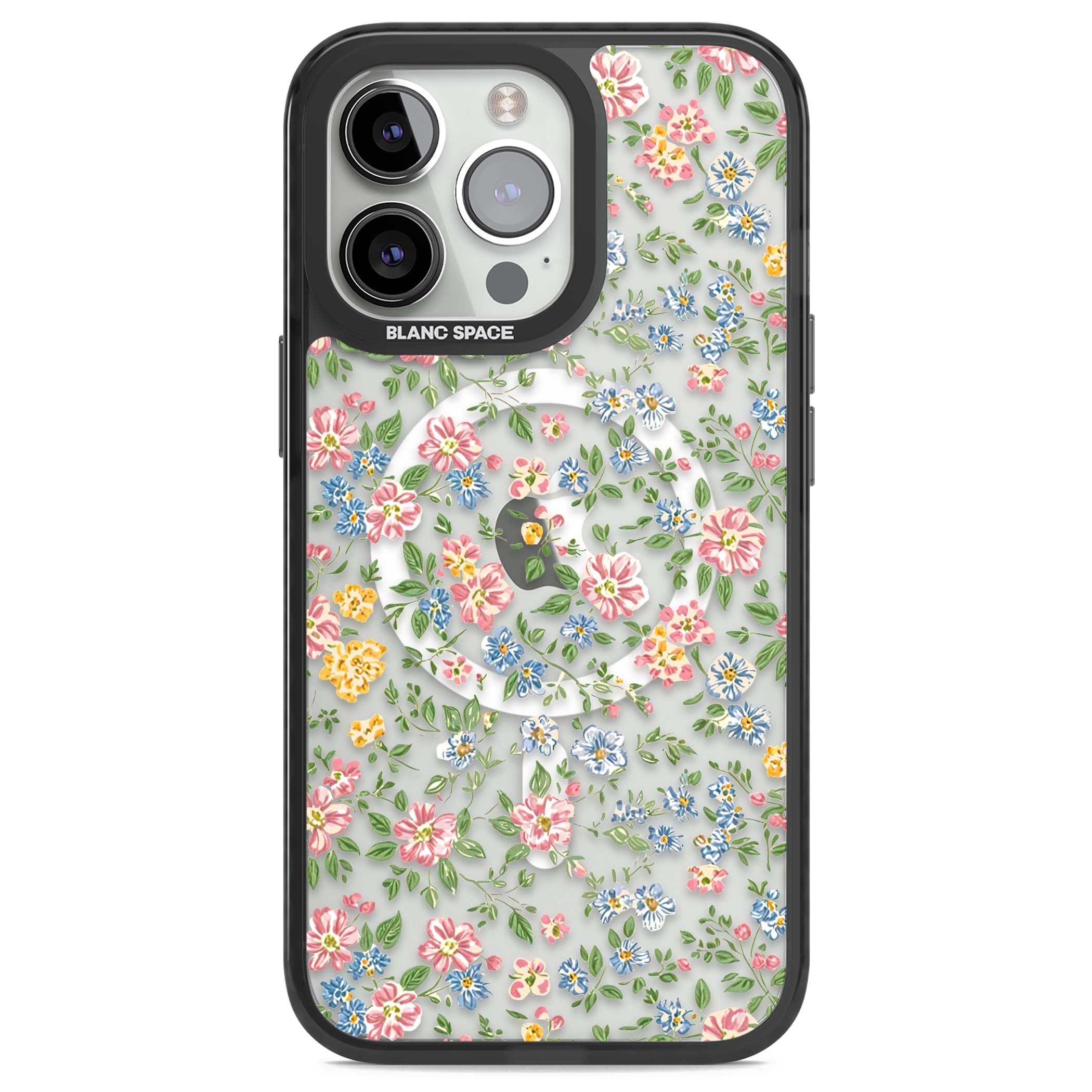 Soft Meadow cottagecore iPhone case featuring pink cosmos, blue forget-me-nots, yellow buttercups and green leaves sca | Black Impact Magsafe case for iPhone 13 Pro, iPhone 14 Pro, iPhone 15 Pro