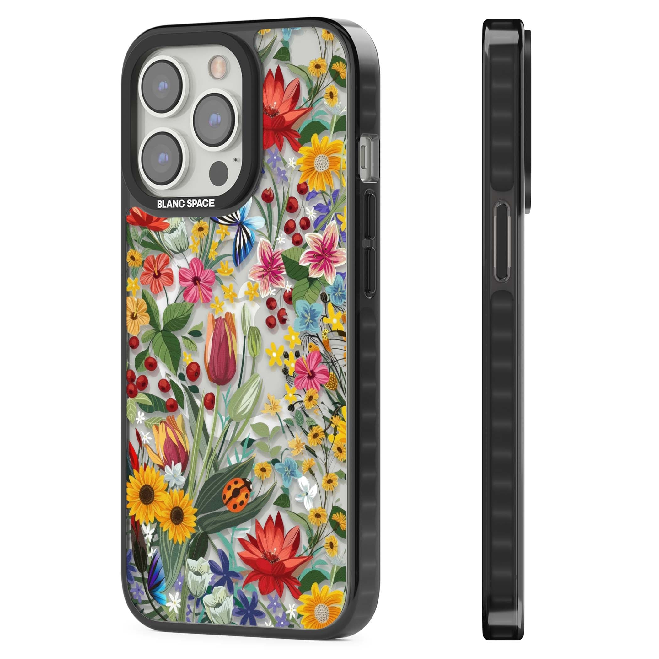 Botanical Bloom cottagecore iPhone case featuring colorful wildflowers, sunflowers, and ladybugs on clear background | Black Impact Magsafe case for iPhone 13 Pro, iPhone 14 Pro, iPhone 15 Pro