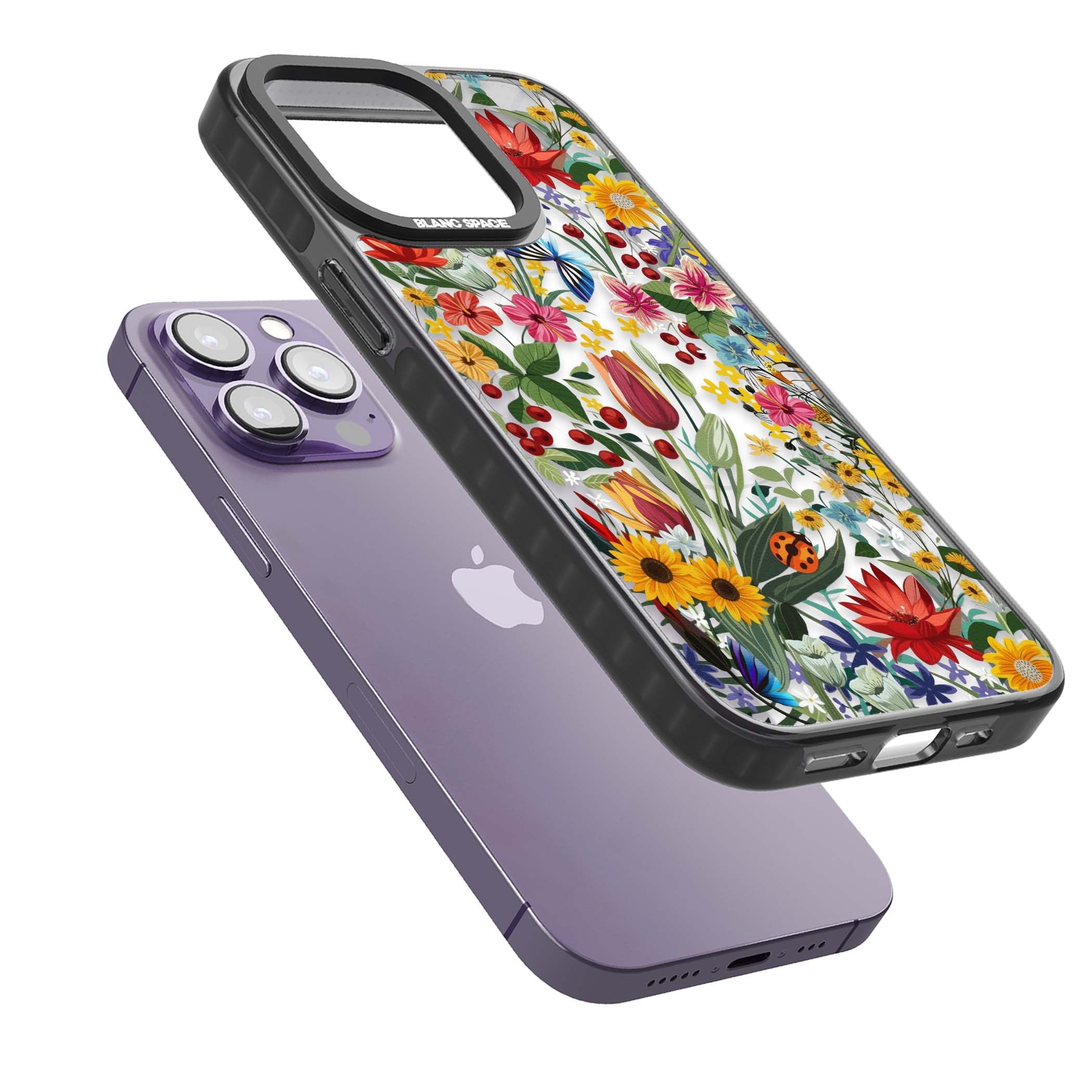 Botanical Bloom cottagecore iPhone case featuring colorful wildflowers, sunflowers, and ladybugs on clear background | Black Impact Magsafe case for iPhone 13 Pro, iPhone 14 Pro, iPhone 15 Pro
