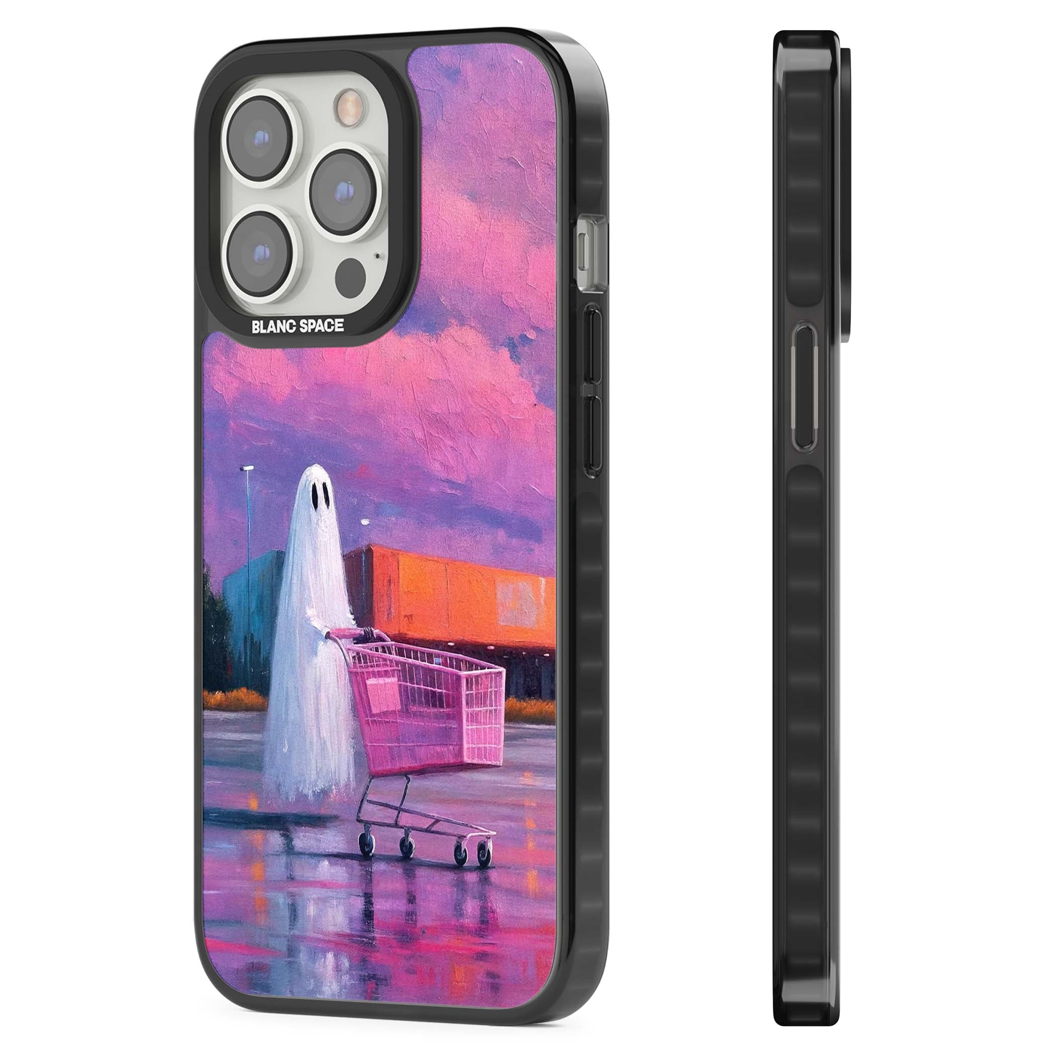 A Ghost's Errand ghost halloween iPhone case featuring a painted ghost, pink shopping trolley and purple sunset sky | Black Impact Magsafe case for iPhone 13 Pro, iPhone 14 Pro, iPhone 15 Pro