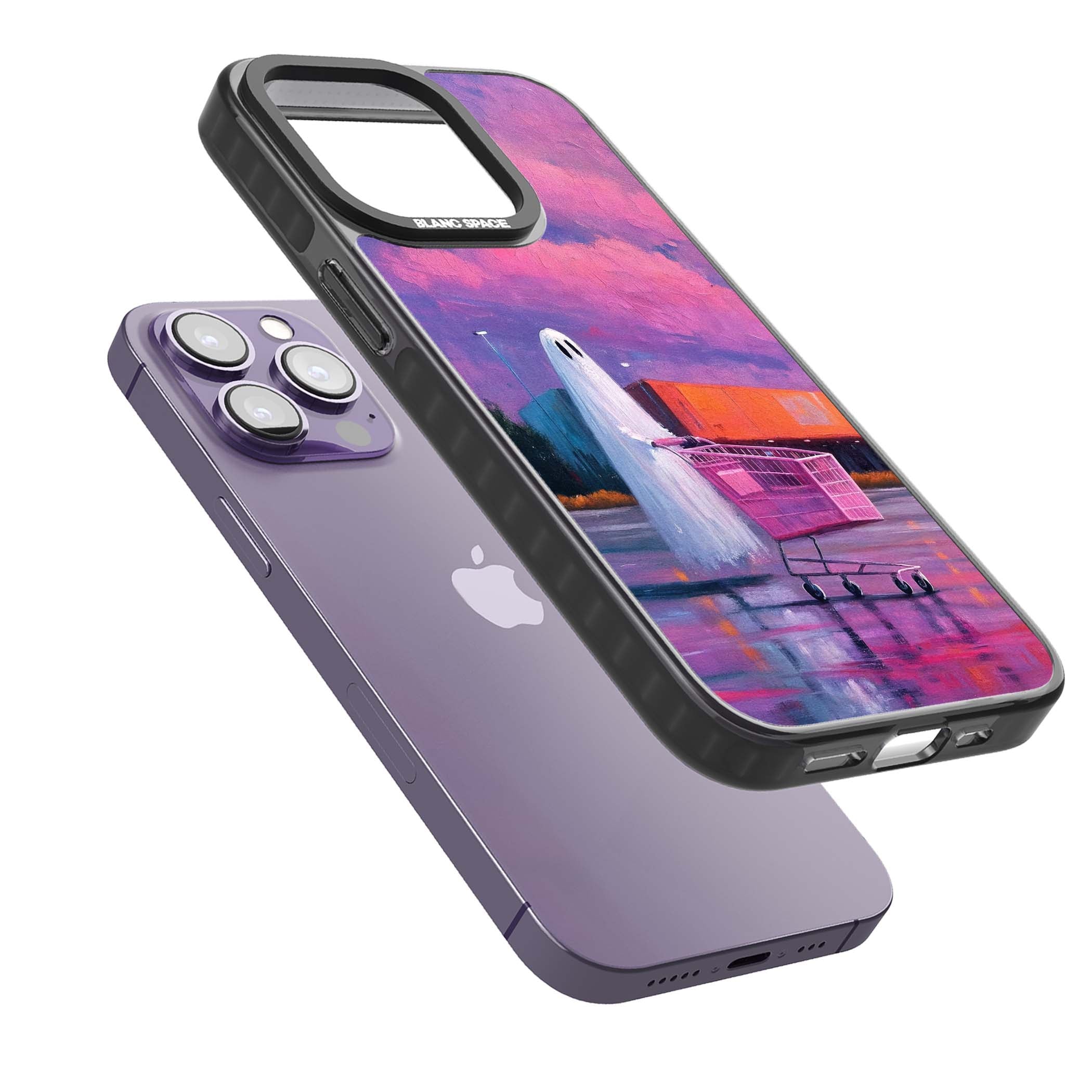 A Ghost's Errand ghost halloween iPhone case featuring a painted ghost, pink shopping trolley and purple sunset sky | Black Impact Magsafe case for iPhone 13 Pro, iPhone 14 Pro, iPhone 15 Pro