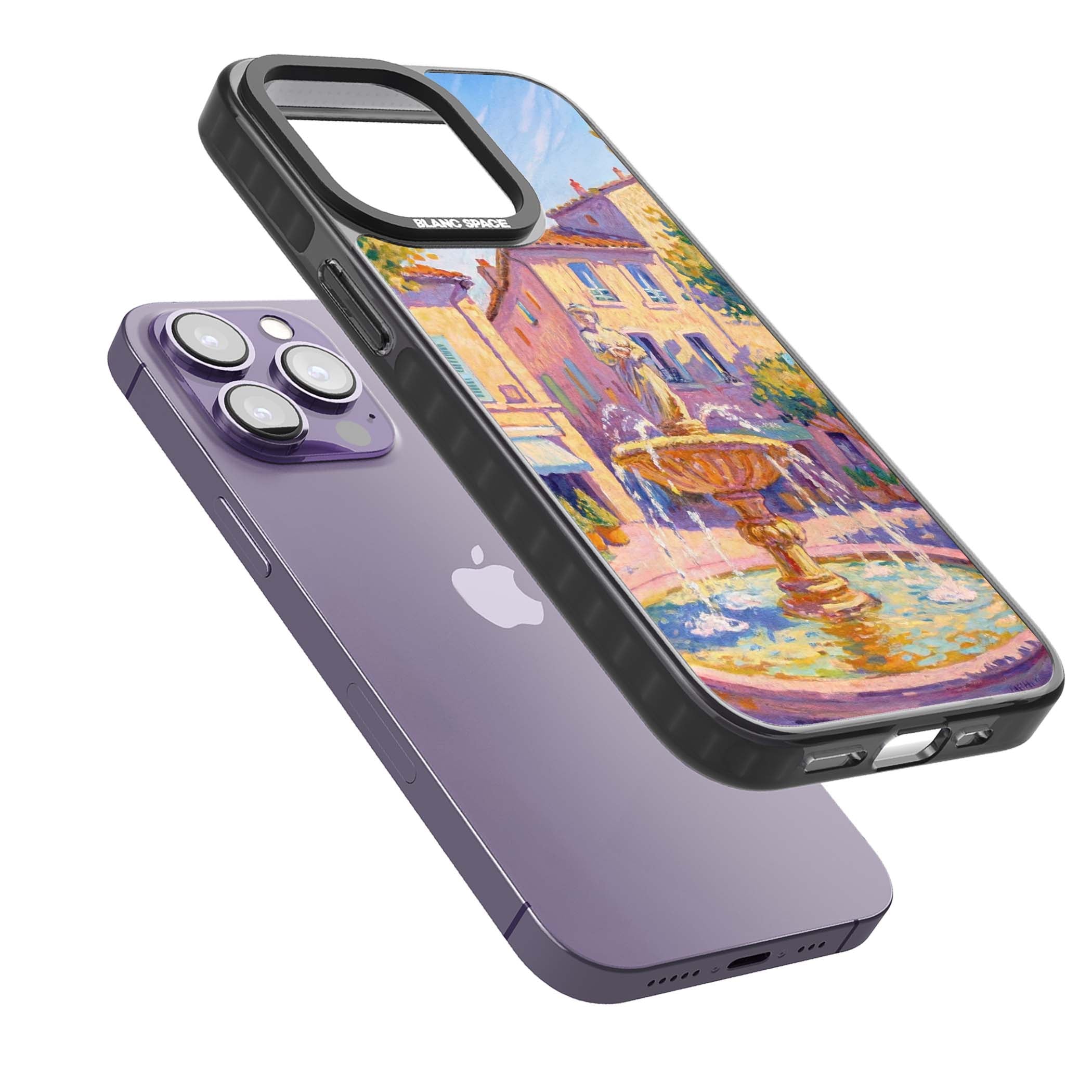 Fountain Square fine art iPhone case featuring an impressionist Provençal fountain, pastel village buildings and summe | Black Impact Magsafe case for iPhone 13 Pro, iPhone 14 Pro, iPhone 15 Pro